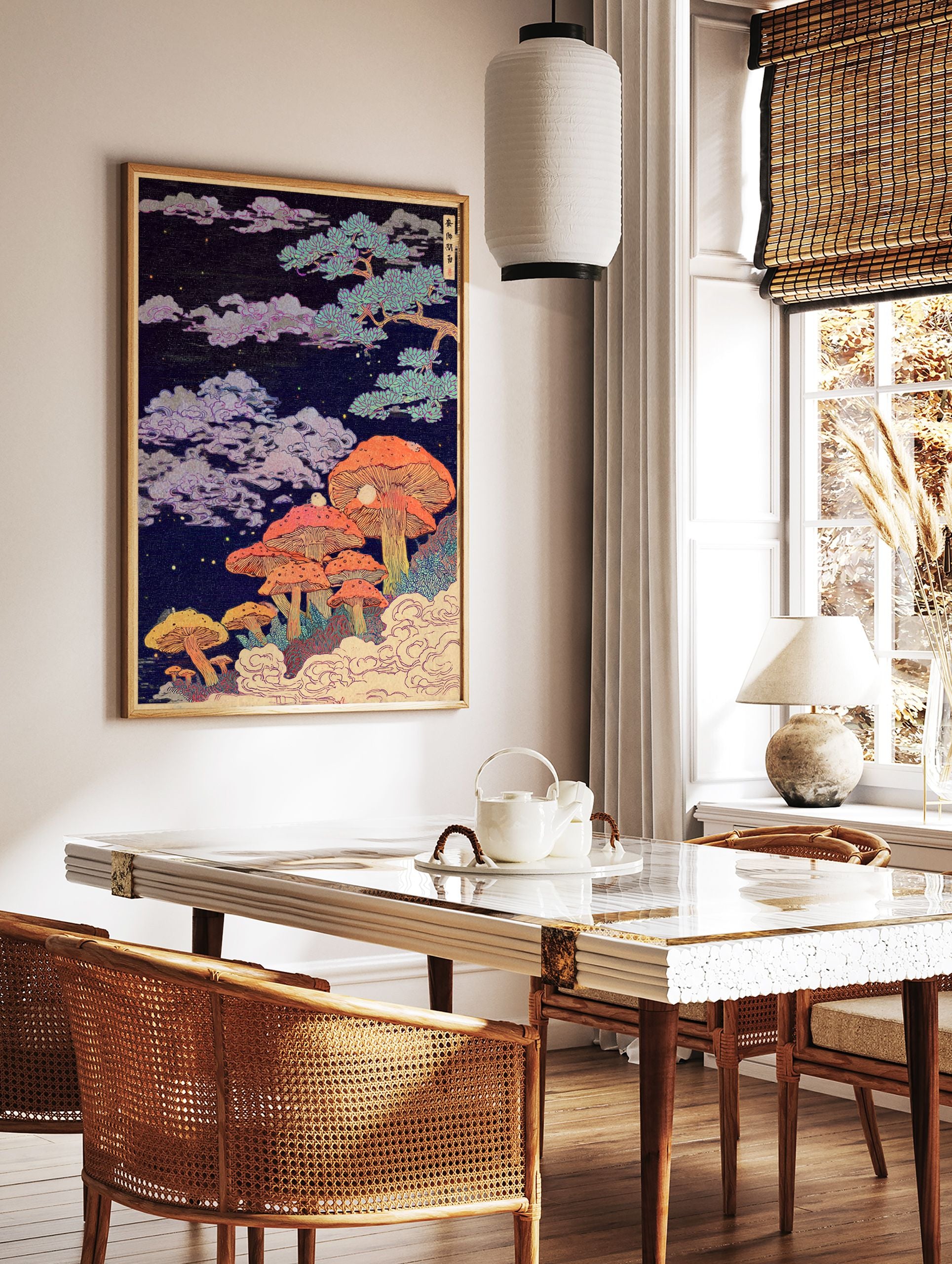 Japanese Mushroom Forest poster featuring vibrant orange mushrooms, a pine tree, and clouds under a starry night sky. - Image 2