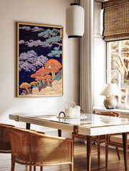 Japanese Mushroom Forest poster featuring vibrant orange mushrooms, a pine tree, and clouds under a starry night sky. - Image 2