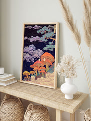 Japanese Mushroom Forest poster featuring vibrant orange mushrooms, a pine tree, and clouds under a starry night sky. - Image 4
