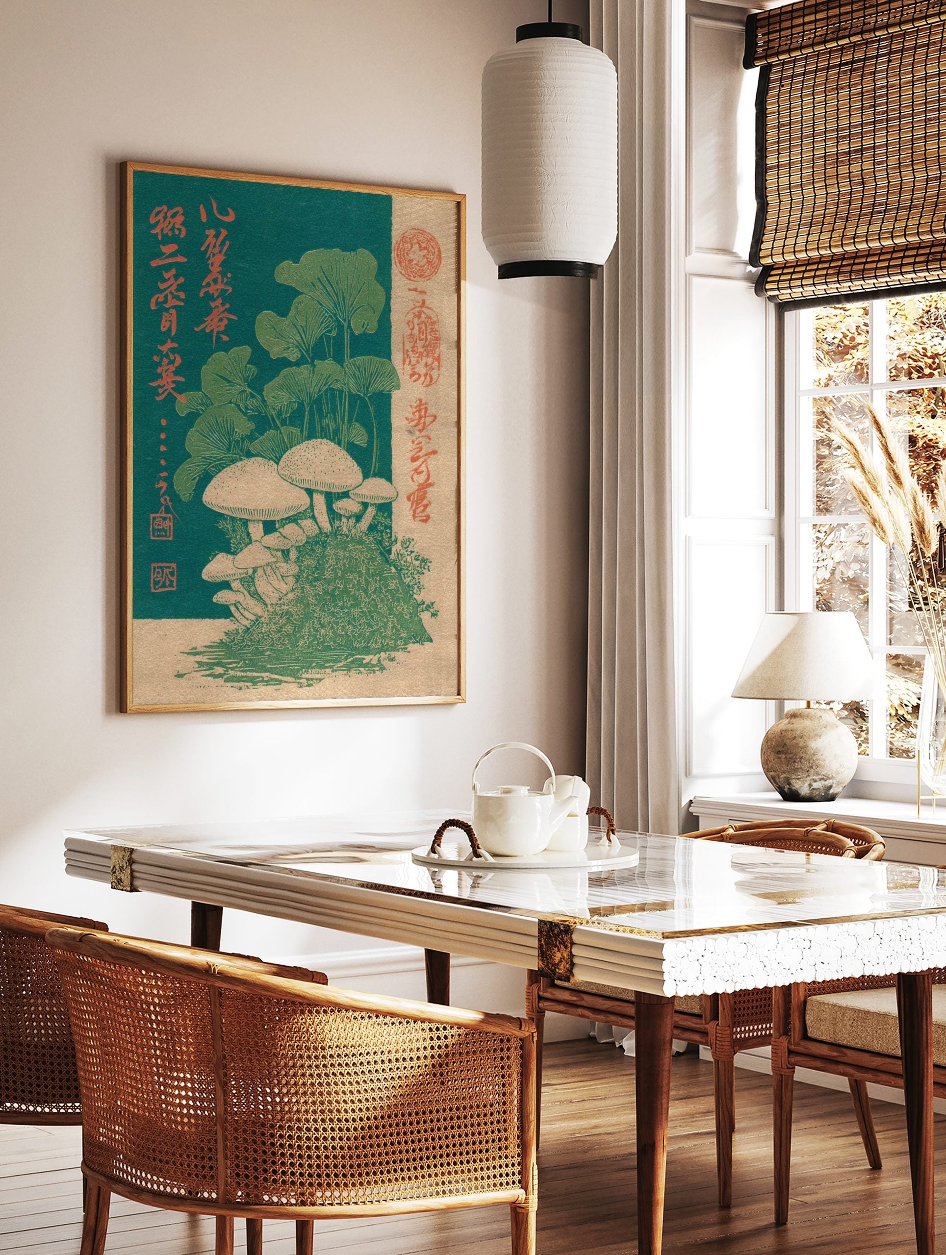 Japanese woodblock print of white mushrooms on moss with green leaves and red kanji on a dark teal, in a styled room mockup