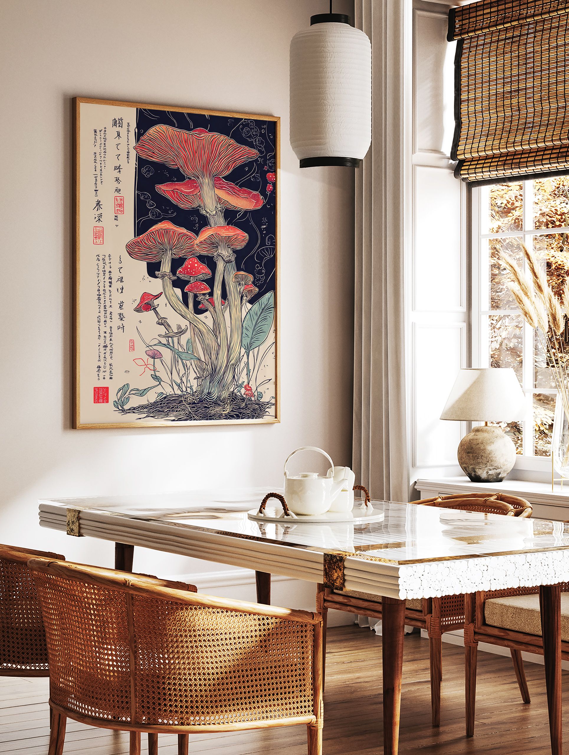 Japanese mushroom poster featuring detailed red and orange fungi illustration with dark background and Japanese calligraphy. - Image 2