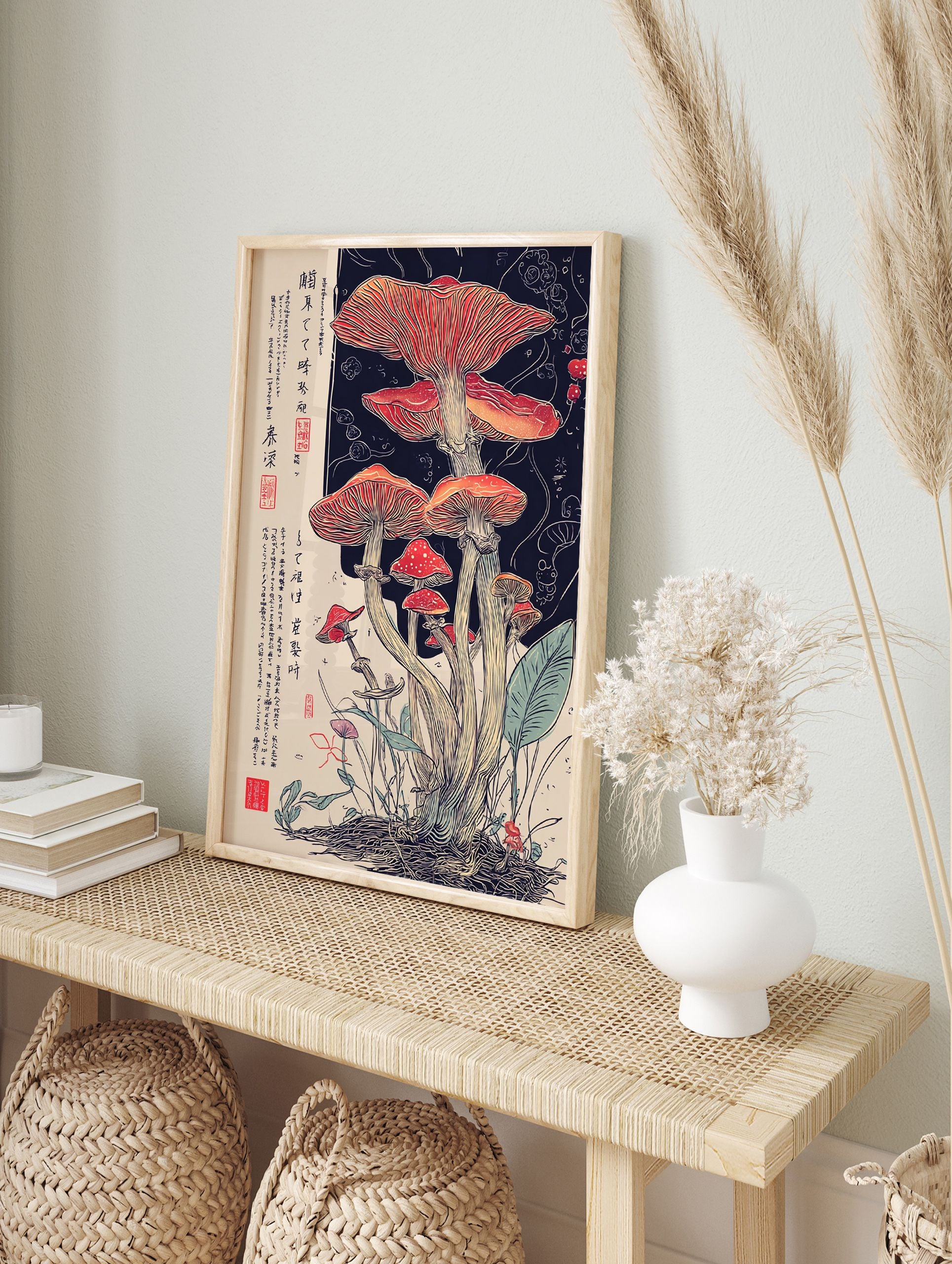 Japanese mushroom poster featuring detailed red and orange fungi illustration with dark background and Japanese calligraphy. - Image 4