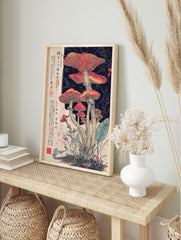 Japanese mushroom poster featuring detailed red and orange fungi illustration with dark background and Japanese calligraphy. - Image 4