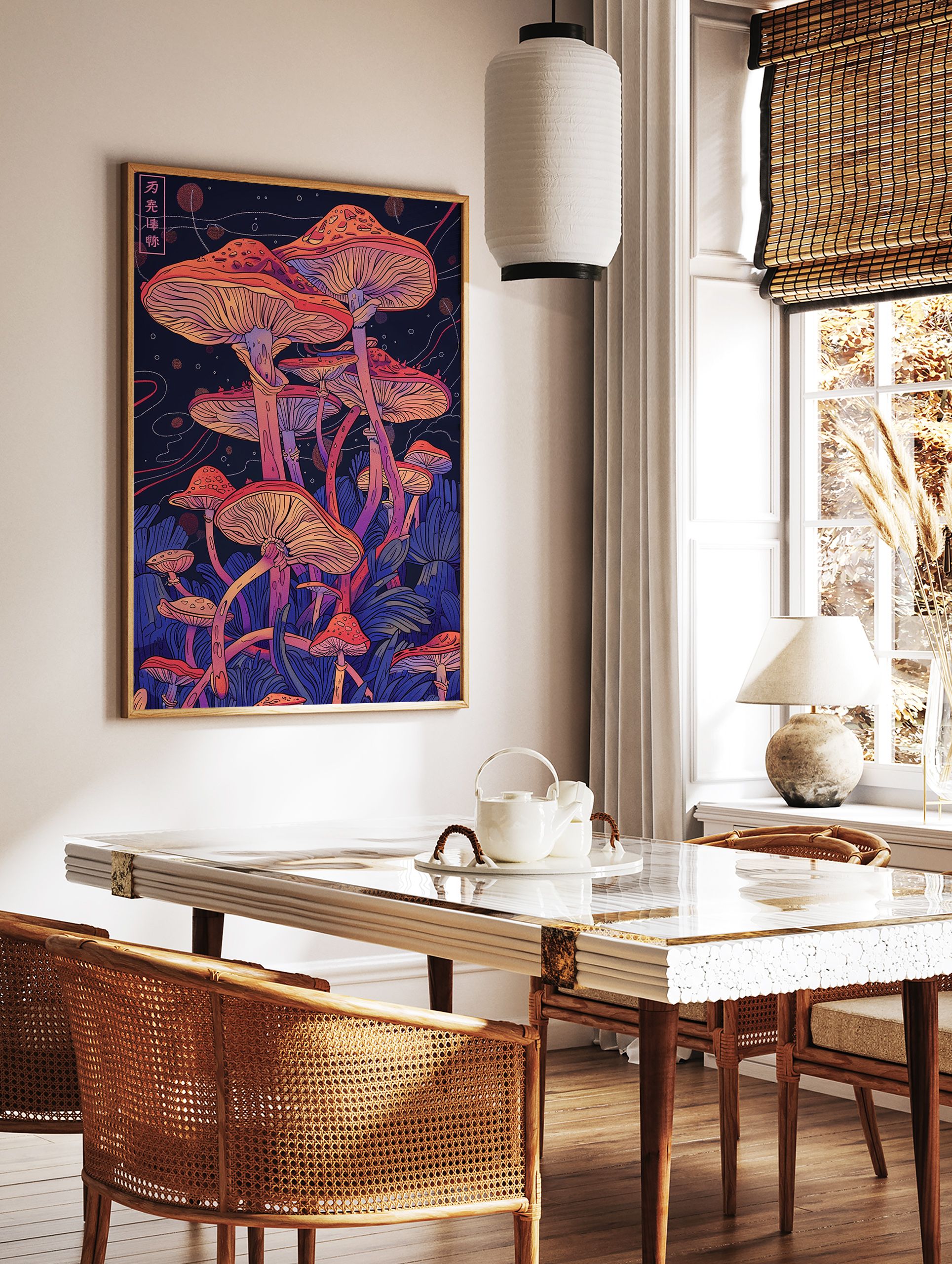 Vibrant Japanese mushroom wall art poster featuring a cluster of orange and purple fungi illustrations against a dark, ethereal background. - Image 2