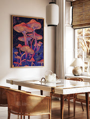 Vibrant Japanese mushroom wall art poster featuring a cluster of orange and purple fungi illustrations against a dark, ethereal background. - Image 2