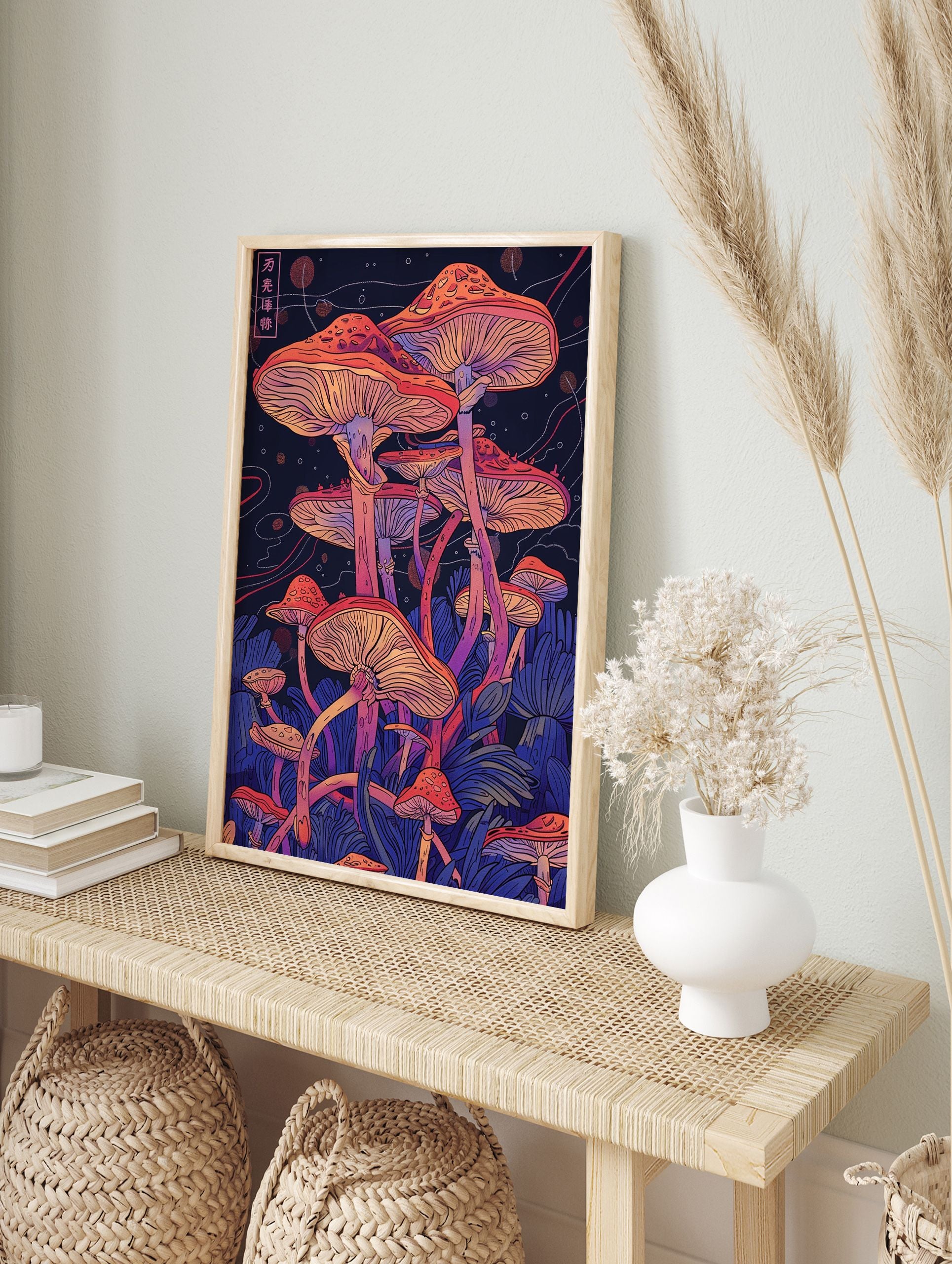 Vibrant Japanese mushroom wall art poster featuring a cluster of orange and purple fungi illustrations against a dark, ethereal background. - Image 4