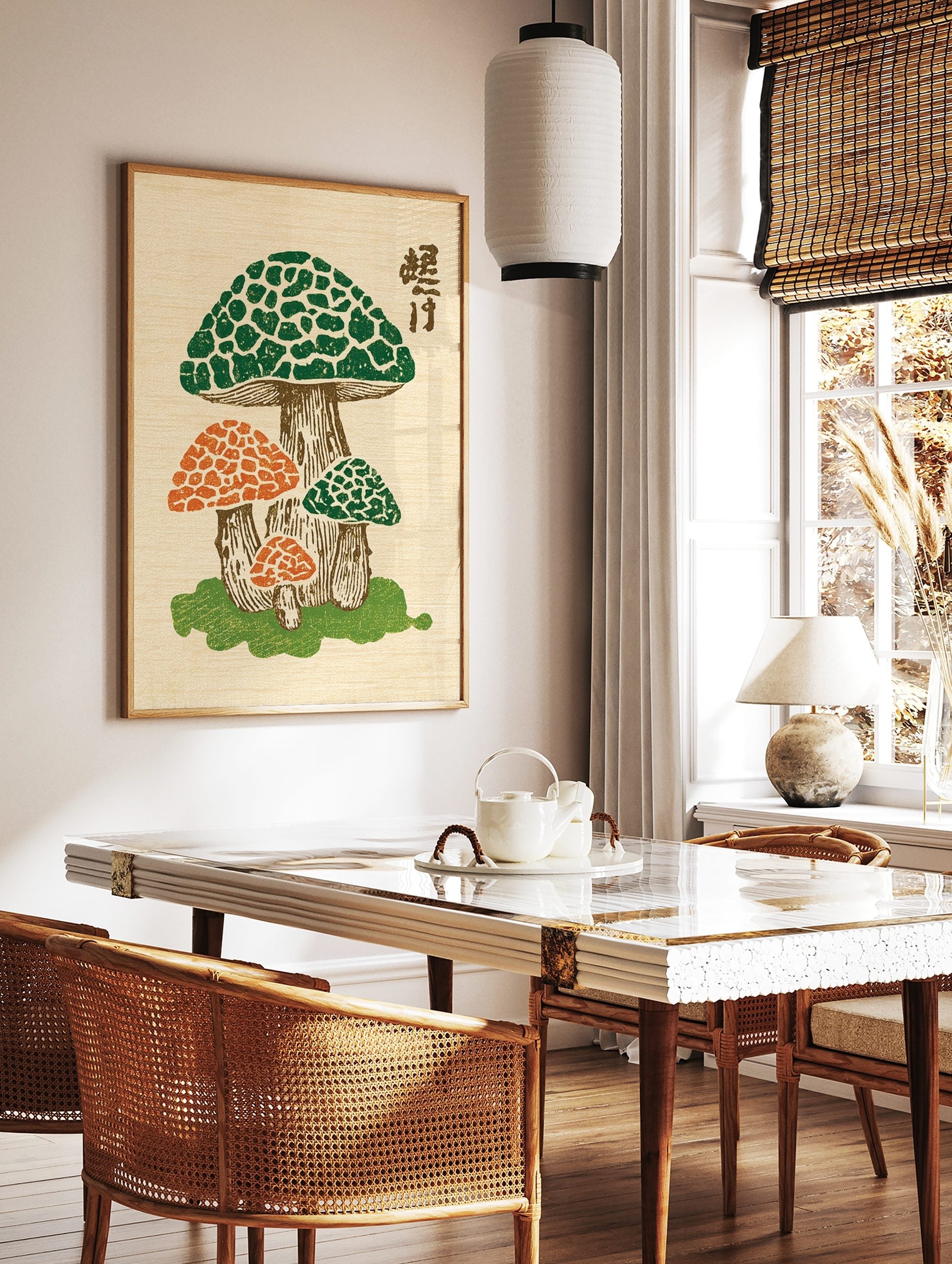 Japanese woodblock print of a mushroom cluster with green and orange caps, brown stalks, and kanji, in a styled room mockup