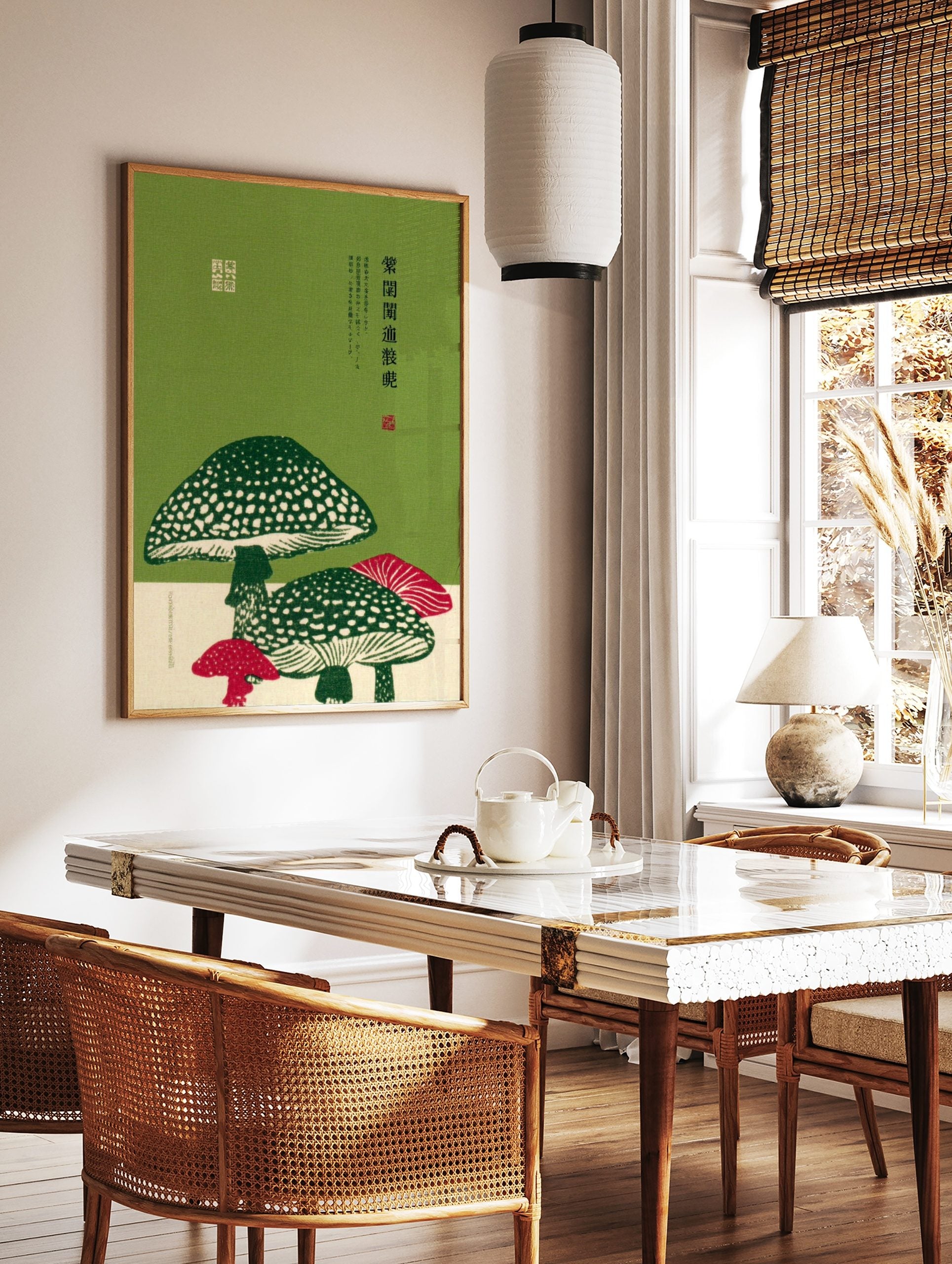 Japanese botanical illustration of green and white spotted mushrooms with red accents and vertical, in a styled room mockup