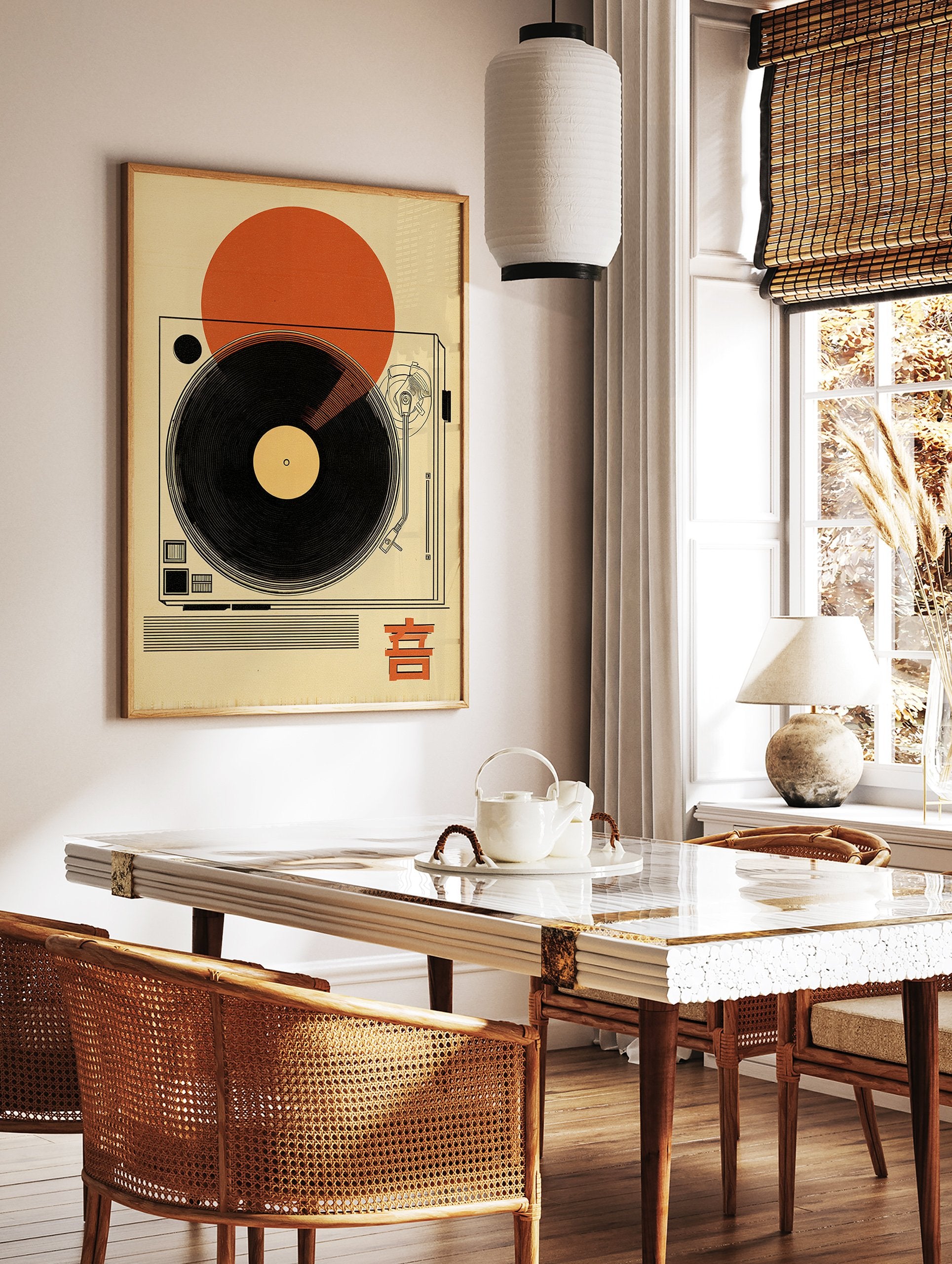 Japanese music poster with a black vinyl record on a turntable, an orange sun, and Japanese character. - Image 2