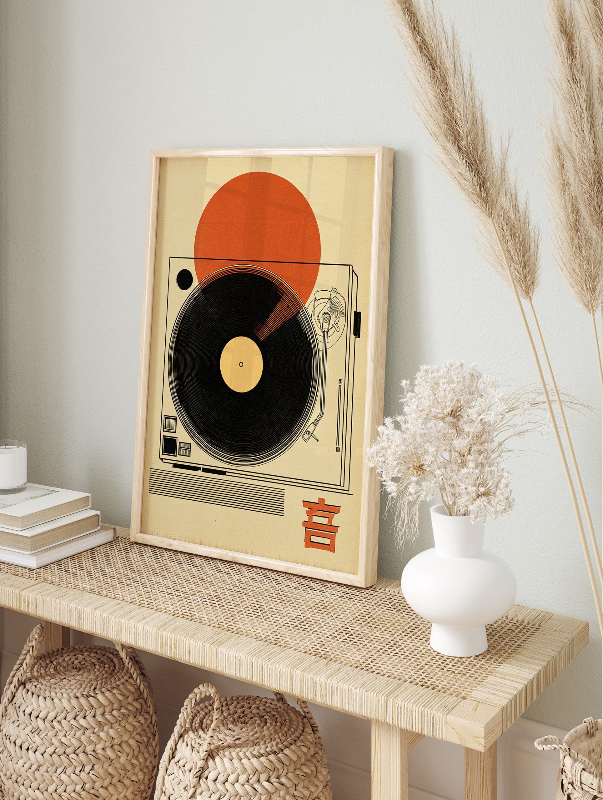 Japanese music poster with a black vinyl record on a turntable, an orange sun, and Japanese character. - Image 4
