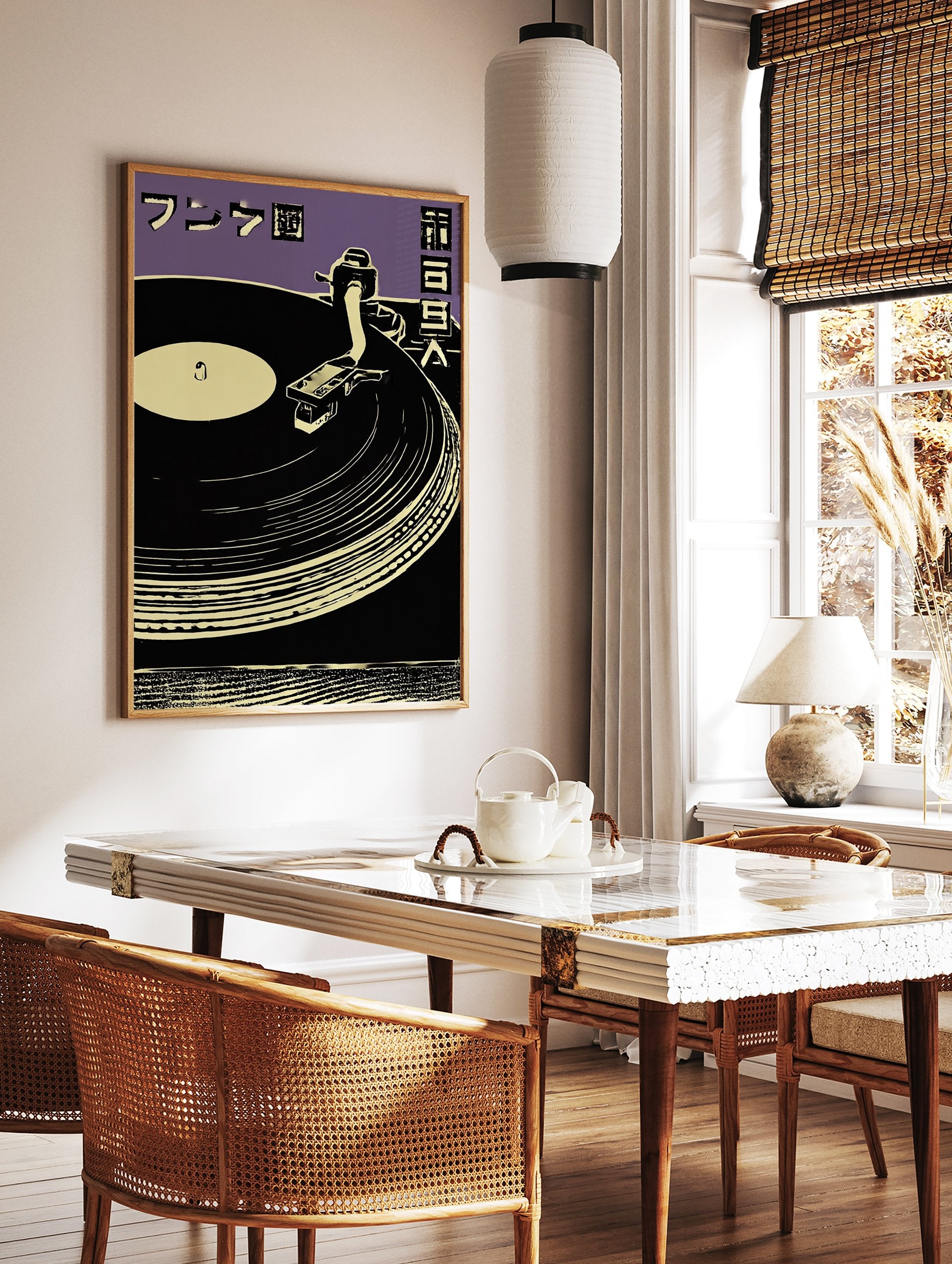 Japanese music poster featuring a black and cream turntable with a record, set against a purple background with Japanese text. - Image 2