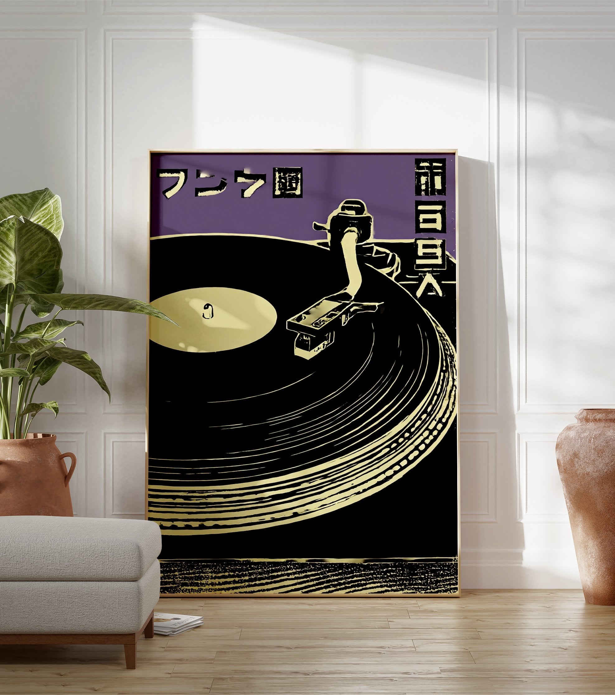 Japanese music poster featuring a black and cream turntable with a record, set against a purple background with Japanese text. - Image 3