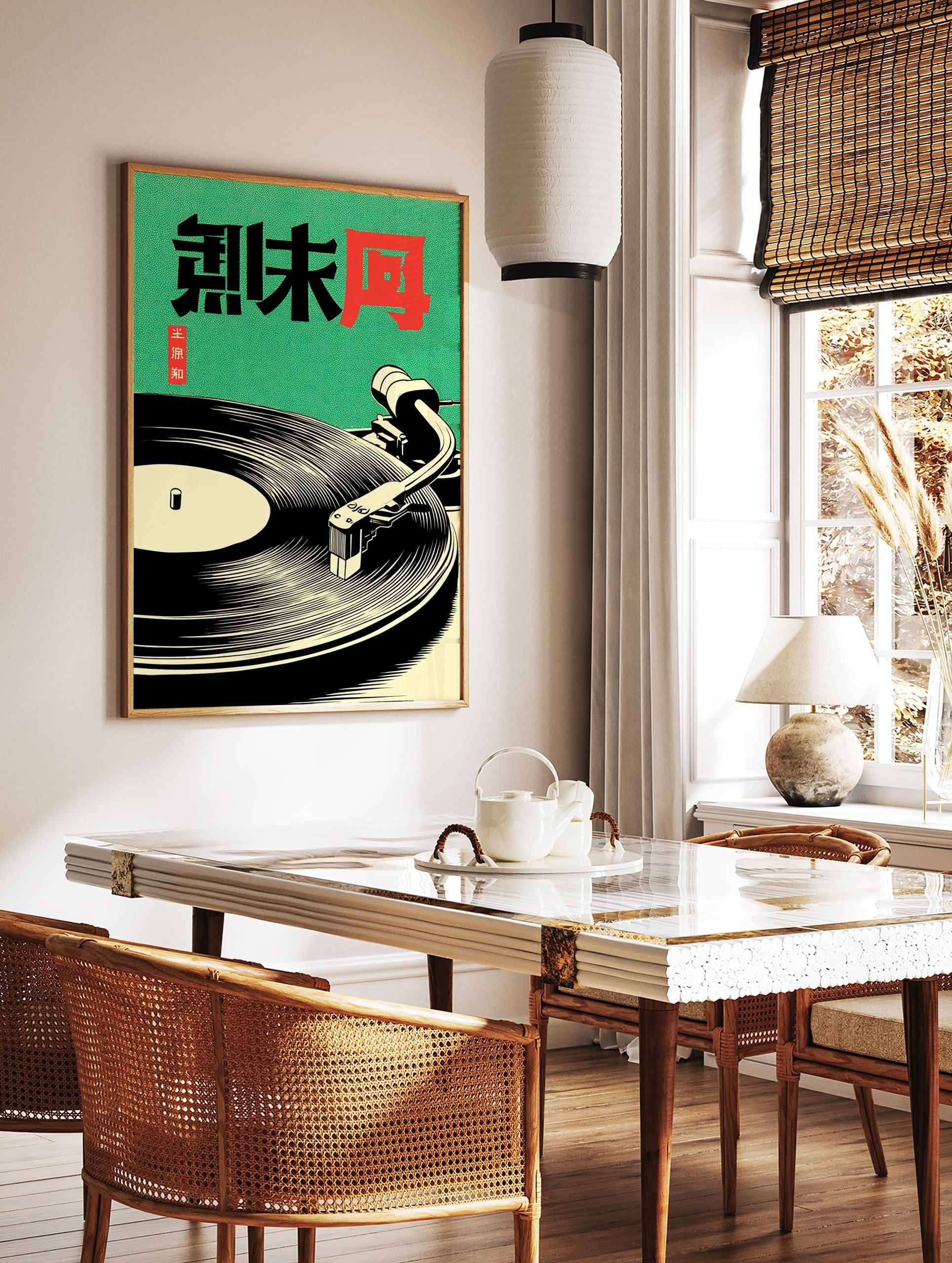 Japanese Music Poster featuring a retro vinyl record player illustration on a green background with black and red Japanese text. - Image 2