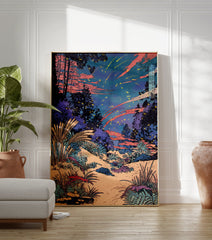 Japanese poster of a vibrant Ukiyo-e style night forest with a meteor shower and glowing fireflies among trees and plants. - Image 3