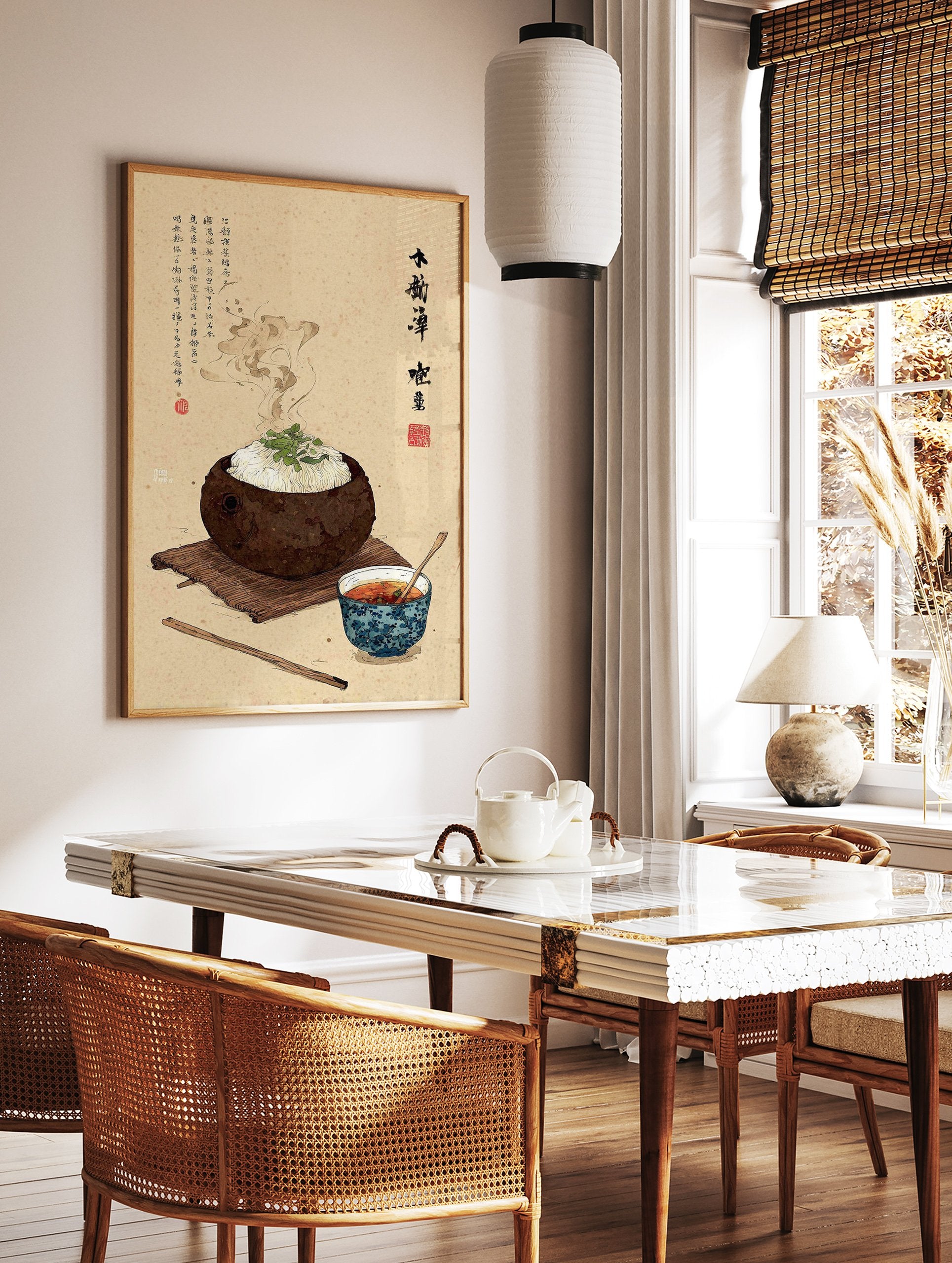 Traditional Japanese noodle food art illustration with a steaming bowl, side dish, and chopsticks on a rustic mat. - Image 3