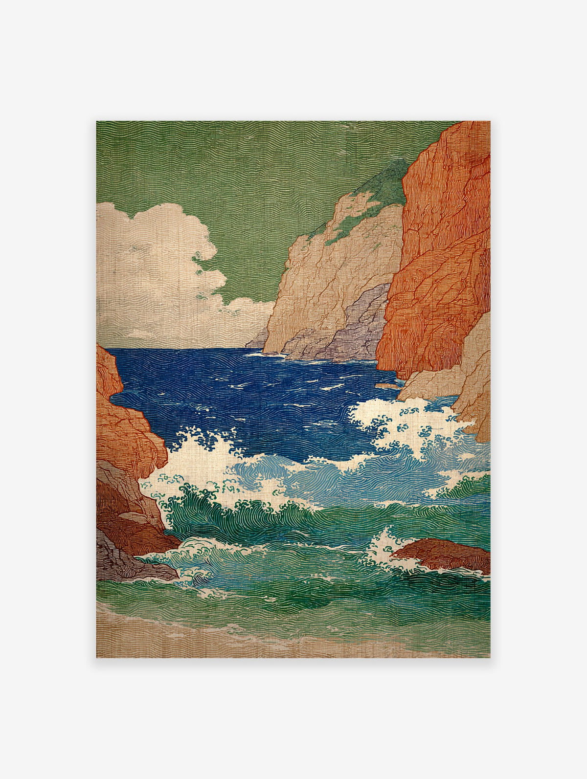 Japanese ukiyo-e style ocean wall art print depicting crashing waves against orange cliffs and a green sky.