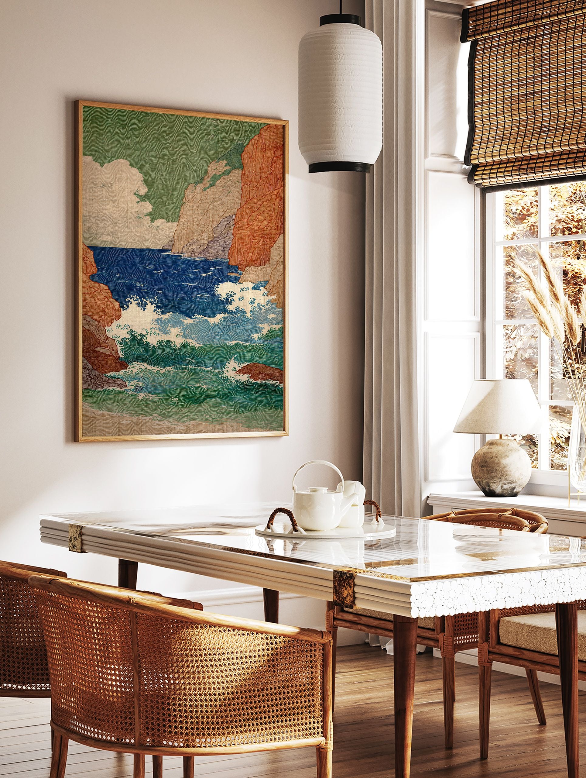 Japanese ukiyo-e style ocean wall art print depicting crashing waves against orange cliffs and a green sky. - Image 2