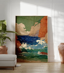 Japanese ukiyo-e style ocean wall art print depicting crashing waves against orange cliffs and a green sky. - Image 3