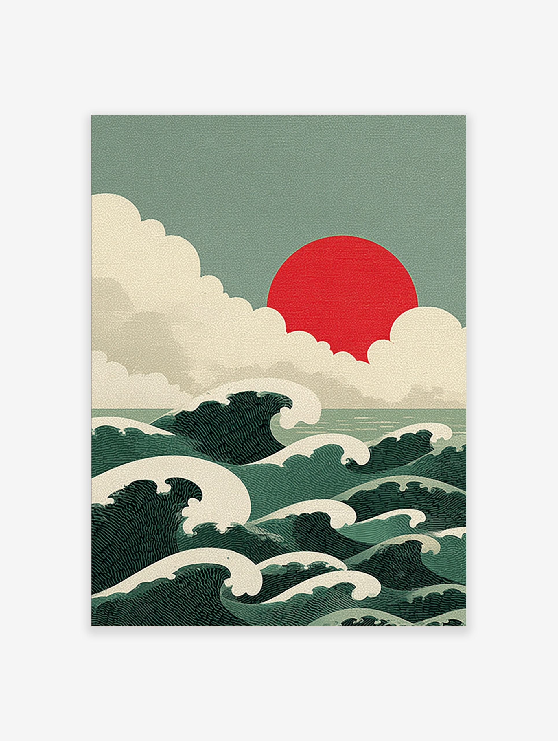 Japanese-style ocean waves with white crests, a red sun, and layered clouds in a green and cream palette