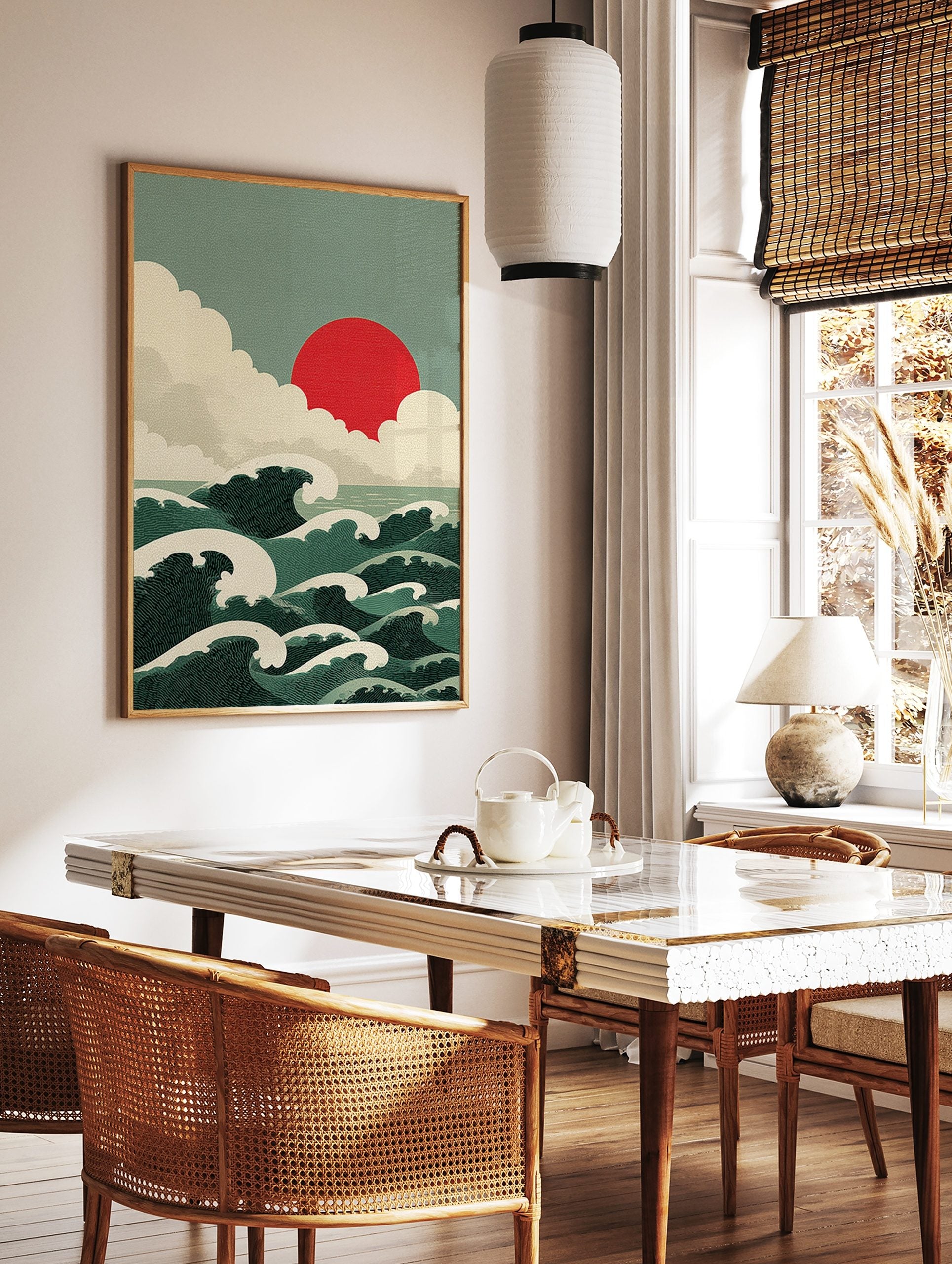 Japanese-style ocean waves with white crests, a red sun, and layered clouds in a green and cream, in a styled room mockup