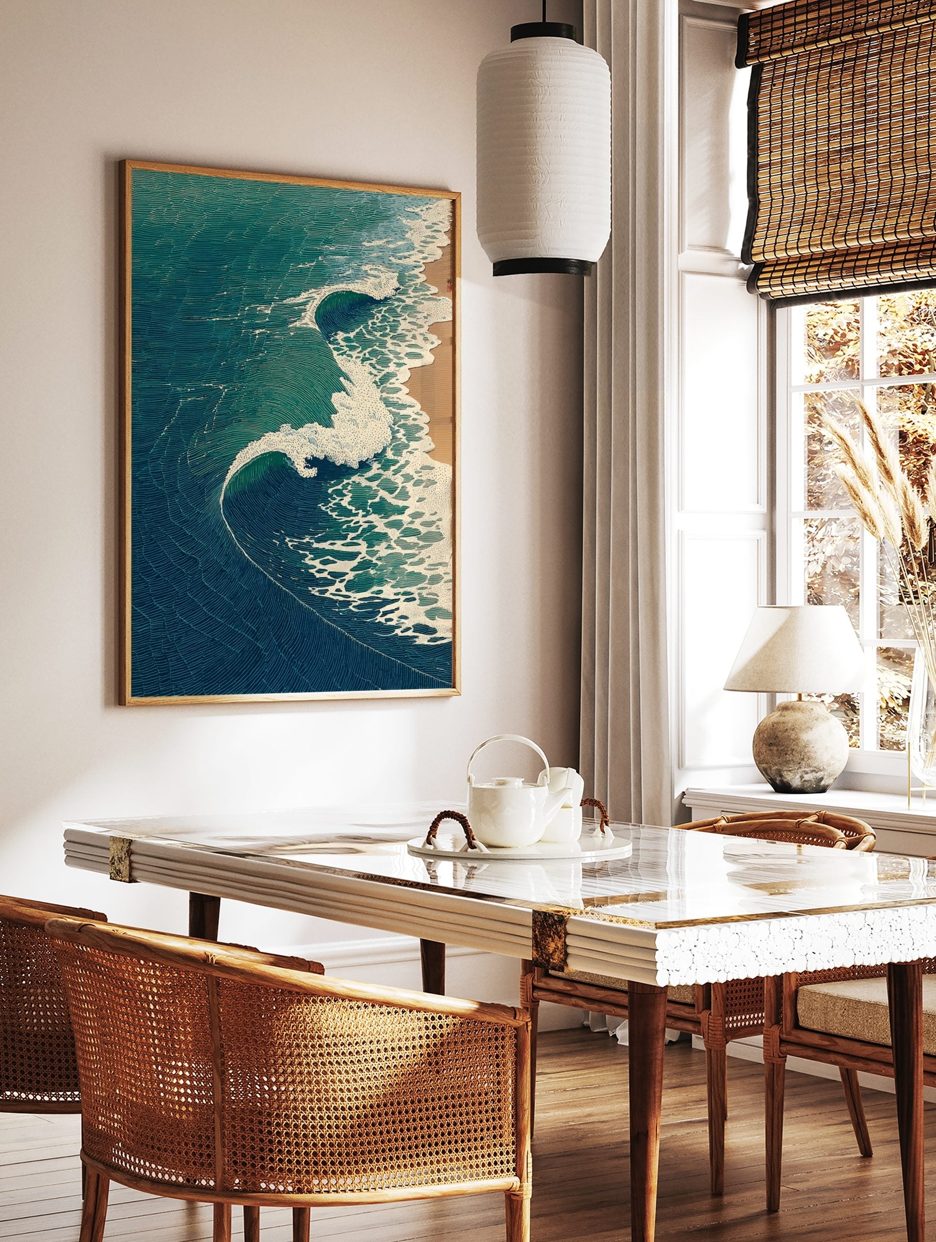 Japanese woodblock style art print of ocean waves with blue and teal water crashing onto a beige, in a styled room mockup