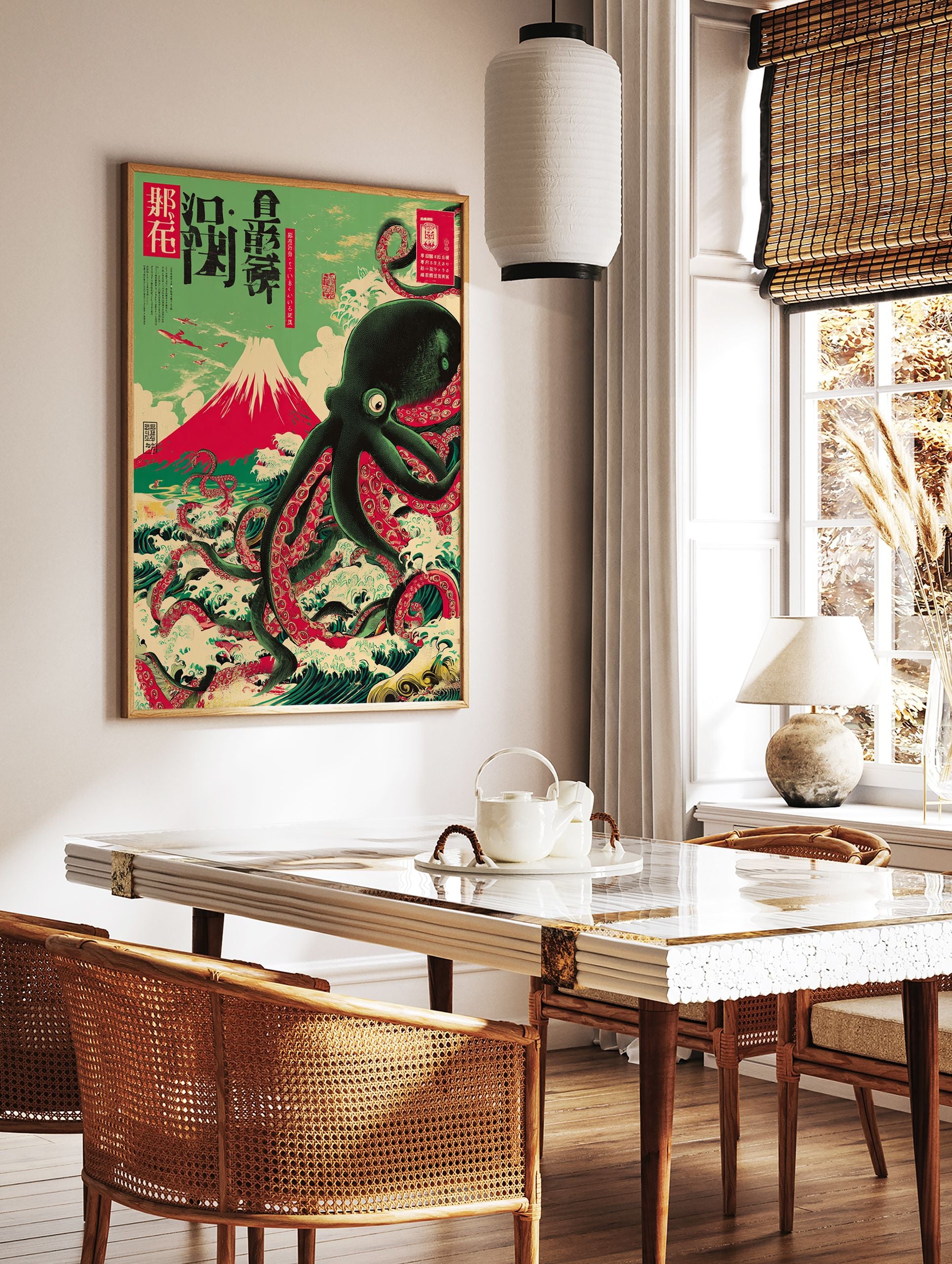 Japanese octopus poster with Mt. Fuji, waves, and vintage airplanes in a Ukiyo-e art style with green, red, and black colors. - Image 2