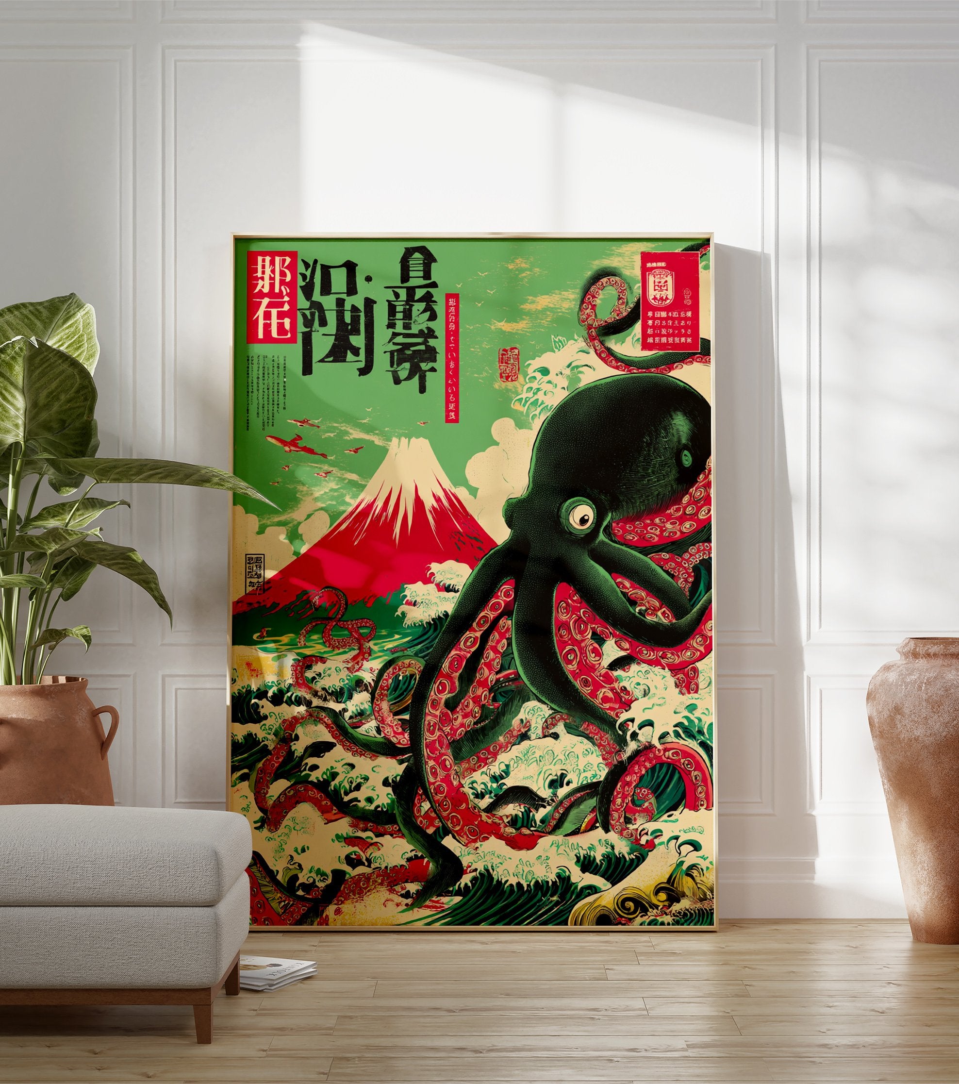 Japanese octopus poster with Mt. Fuji, waves, and vintage airplanes in a Ukiyo-e art style with green, red, and black colors. - Image 3