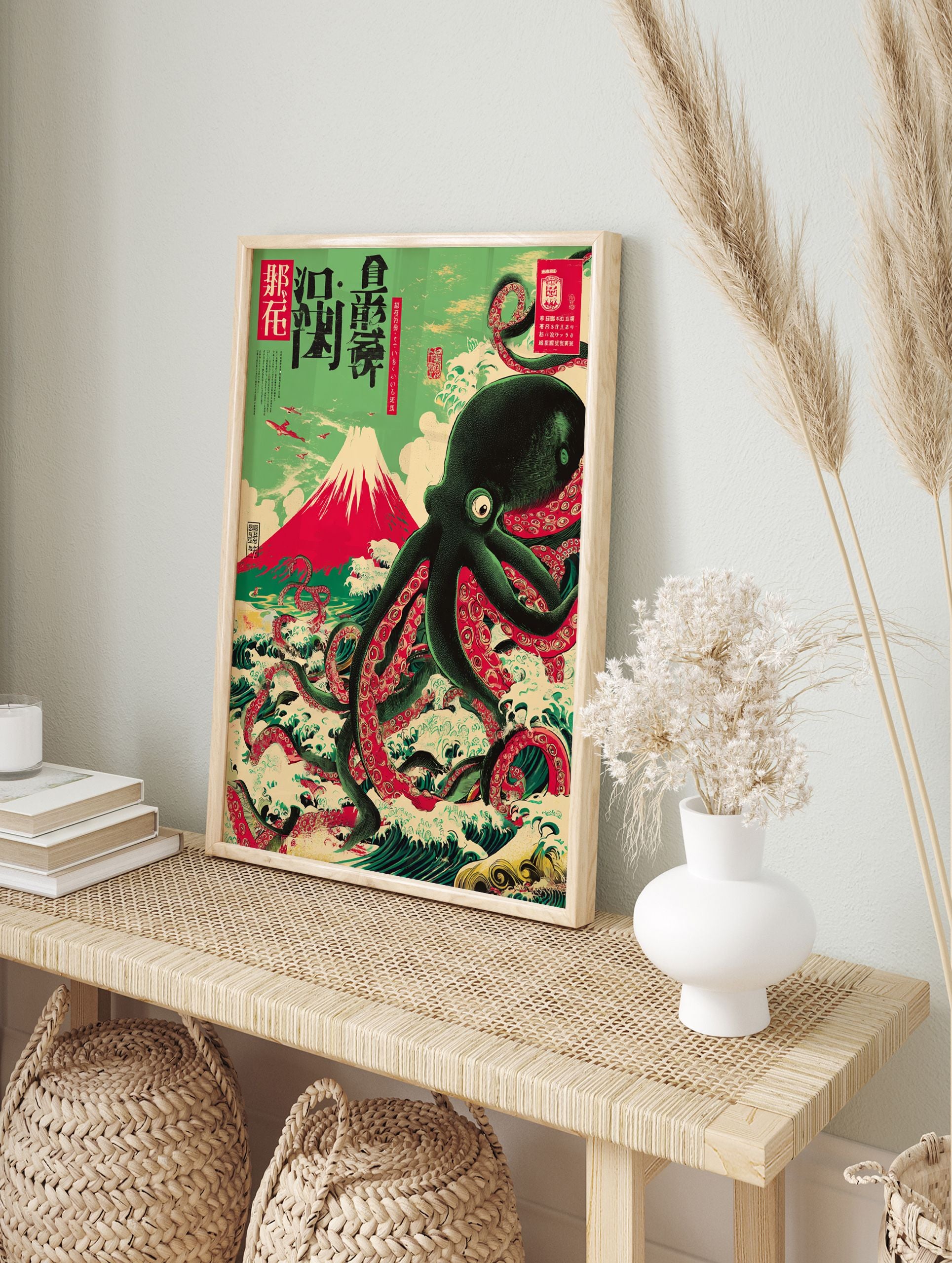Japanese octopus poster with Mt. Fuji, waves, and vintage airplanes in a Ukiyo-e art style with green, red, and black colors. - Image 4