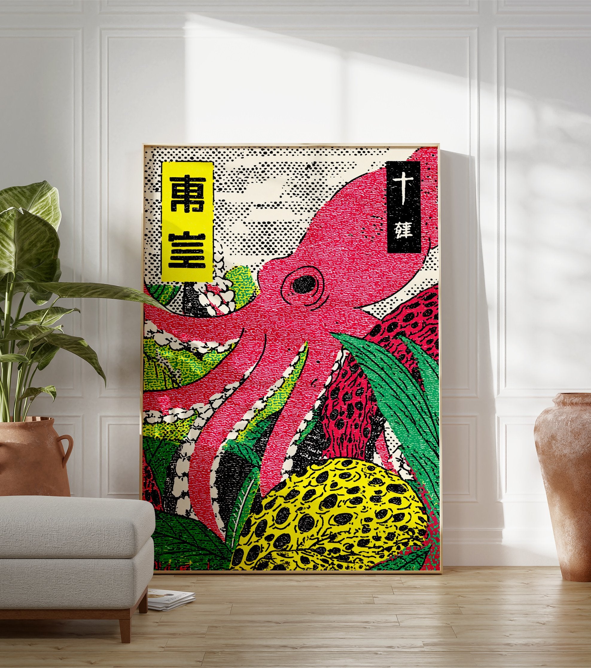 Vibrant Japanese octopus poster in Ukiyo-e style, featuring a red octopus surrounded by green and yellow plants on a dotted background. - Image 3