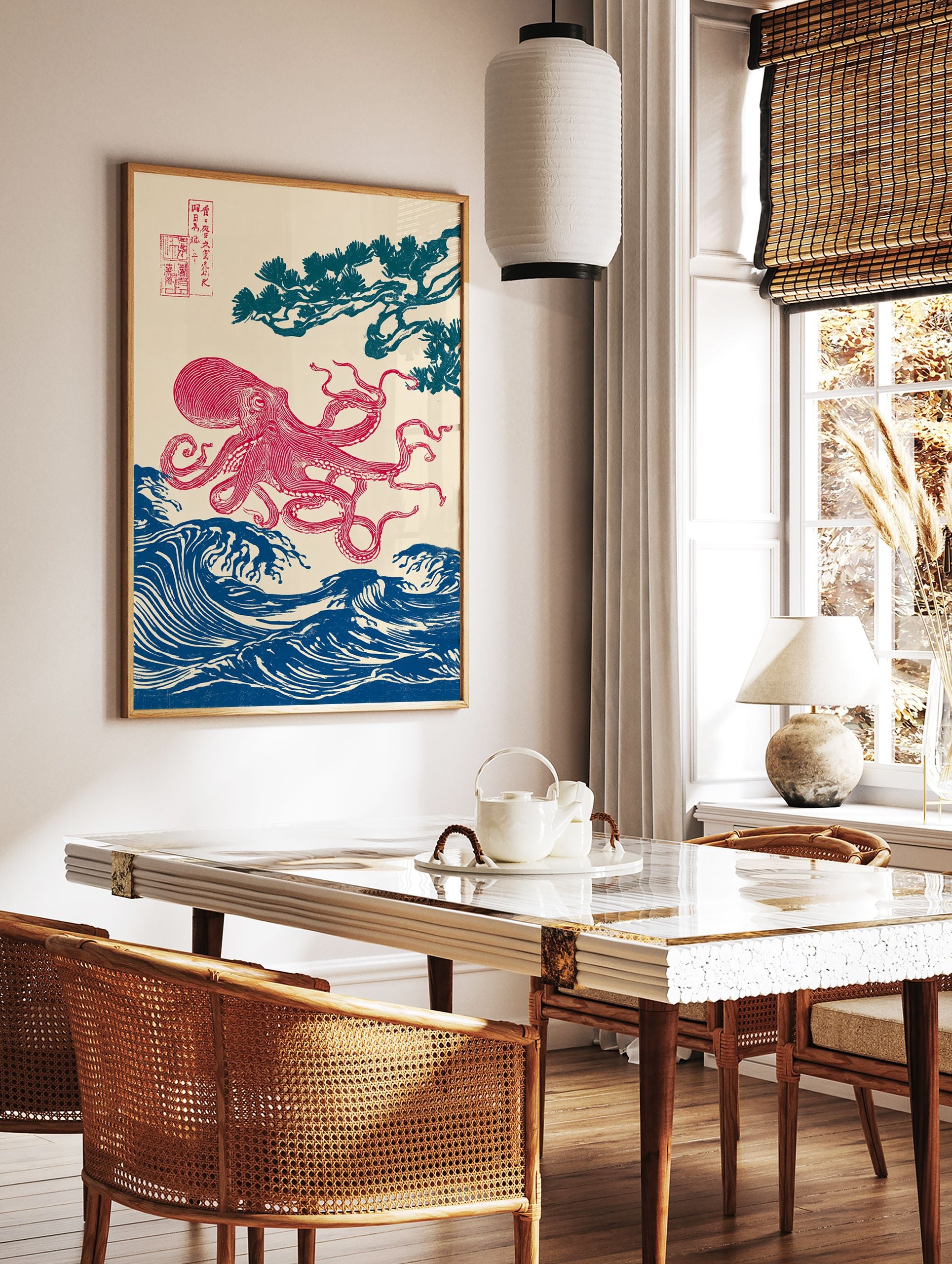 Japanese Octopus Wall Art featuring a red octopus, blue waves, and a pine tree in ukiyo-e woodblock print style. - Image 2