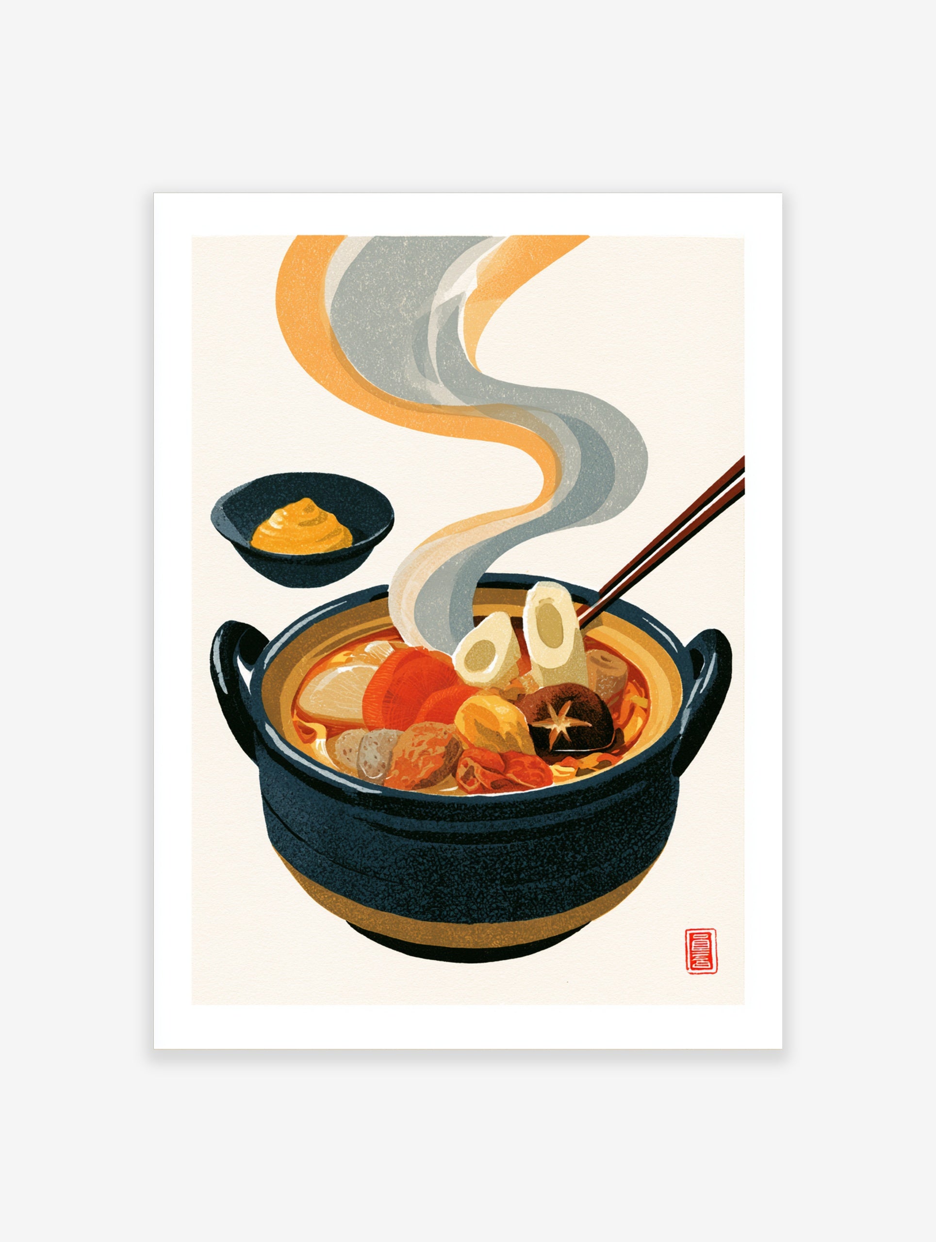 Illustrative Japanese Oden stew in a dark ceramic pot with rising steam and a side bowl of mustard on a cream background