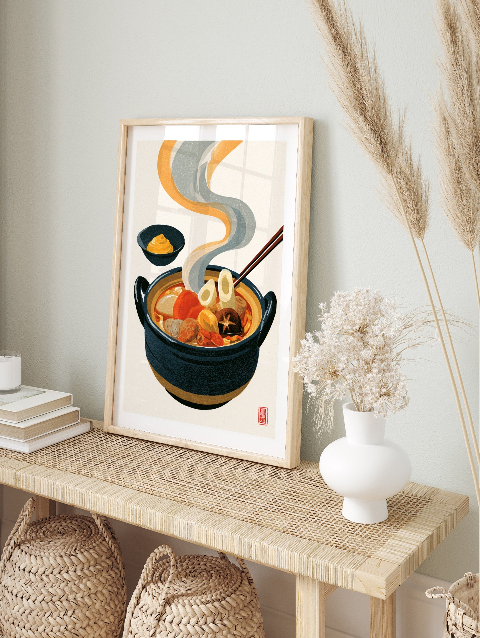 Illustrative Japanese Oden stew in a dark ceramic pot with rising steam and a side bowl of, in an alternate framed mockup