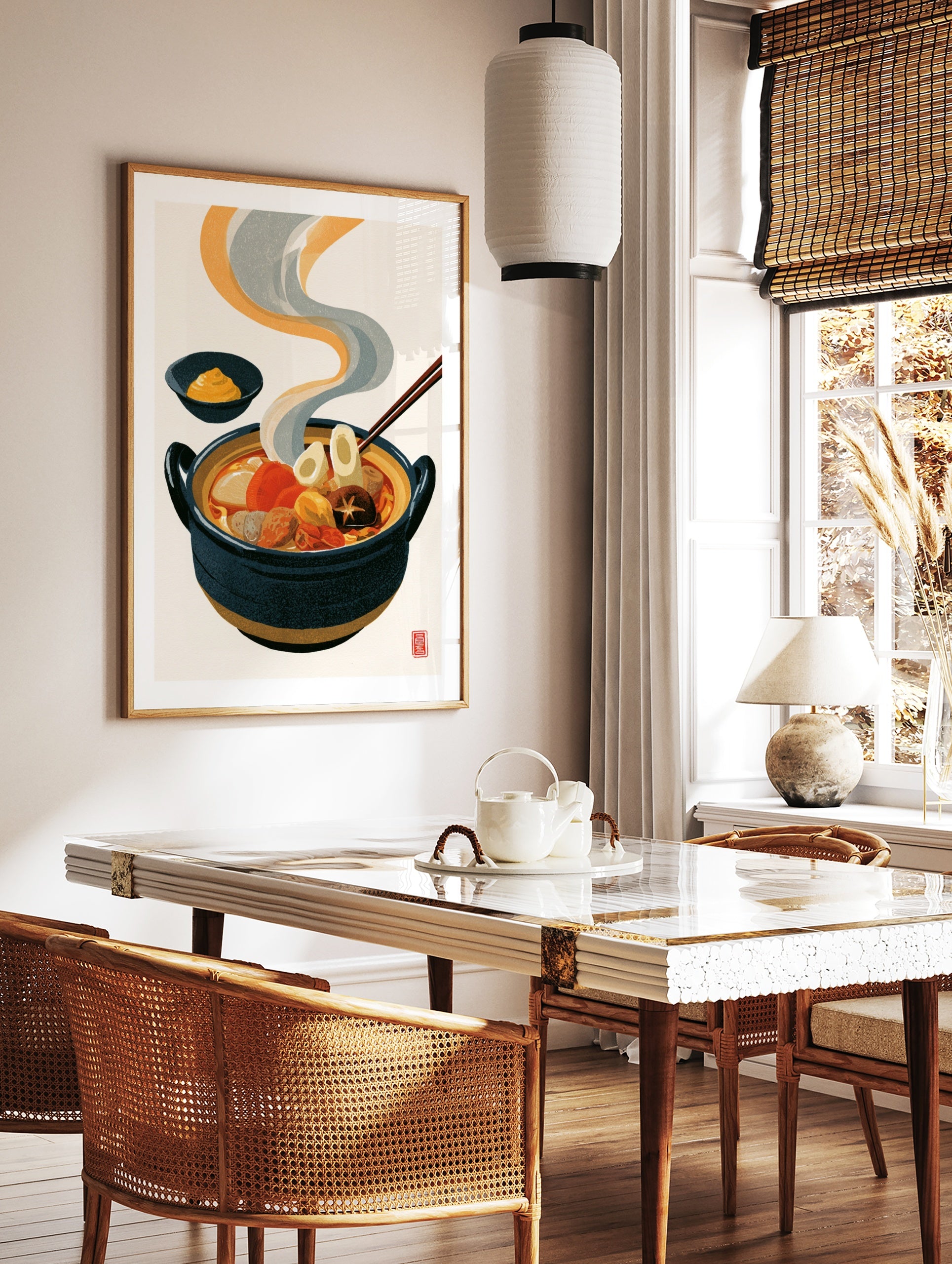 Illustrative Japanese Oden stew in a dark ceramic pot with rising steam and a side bowl of mustard, in a styled room mockup
