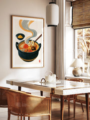 Illustrative Japanese Oden stew in a dark ceramic pot with rising steam and a side bowl of mustard, in a styled room mockup