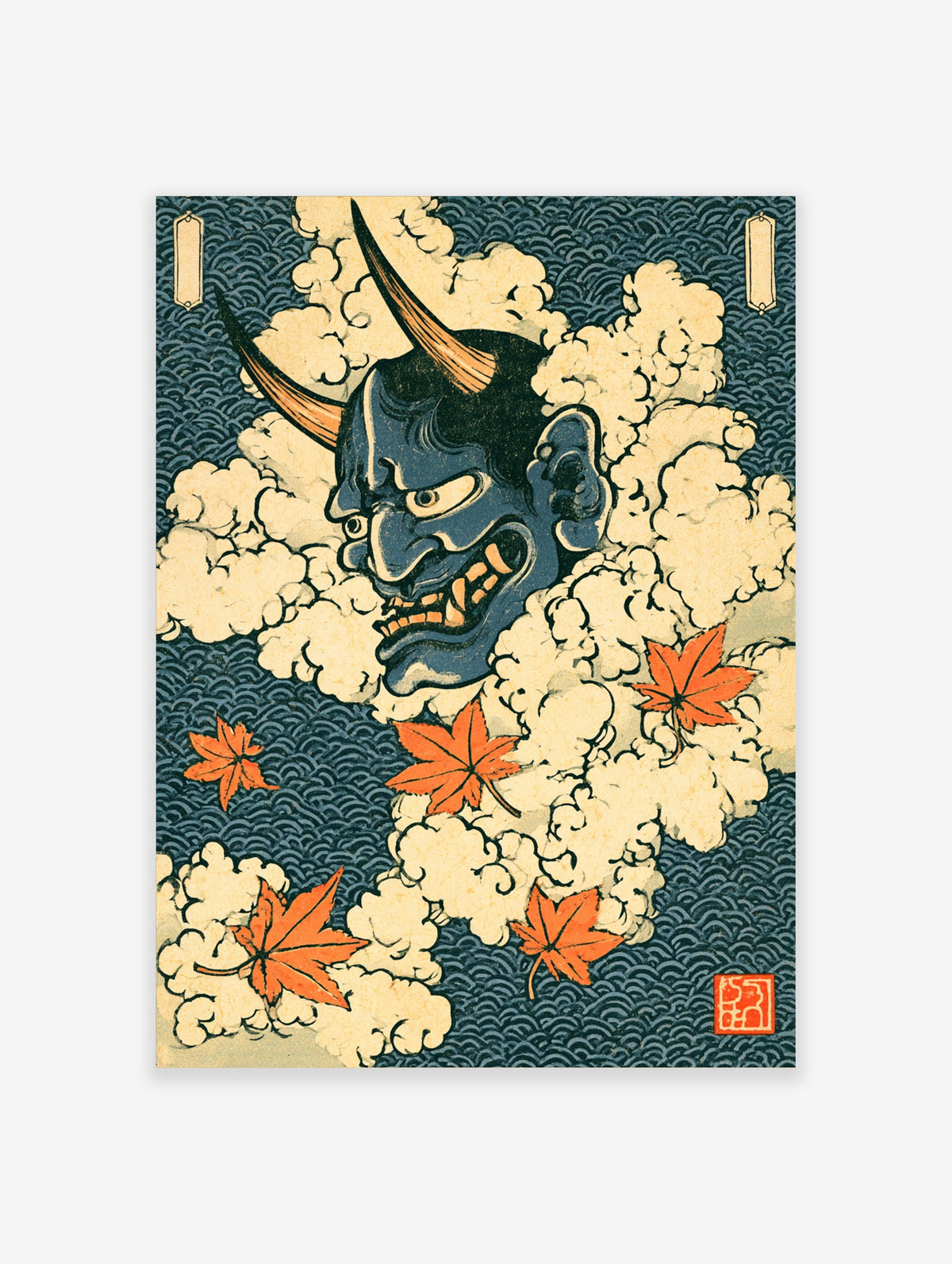 Blue Japanese oni demon head with horns and sharp teeth surrounded by cream clouds and orange maple leaves on a dark blue