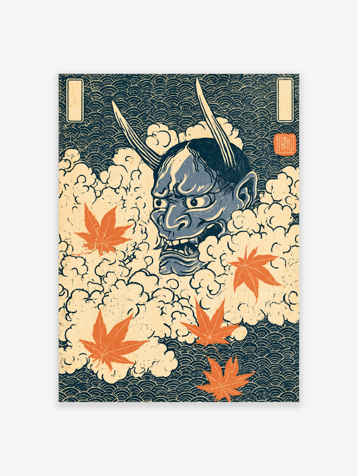 Blue oni demon head with horns and fangs among cream clouds and orange maple leaves on navy wave pattern