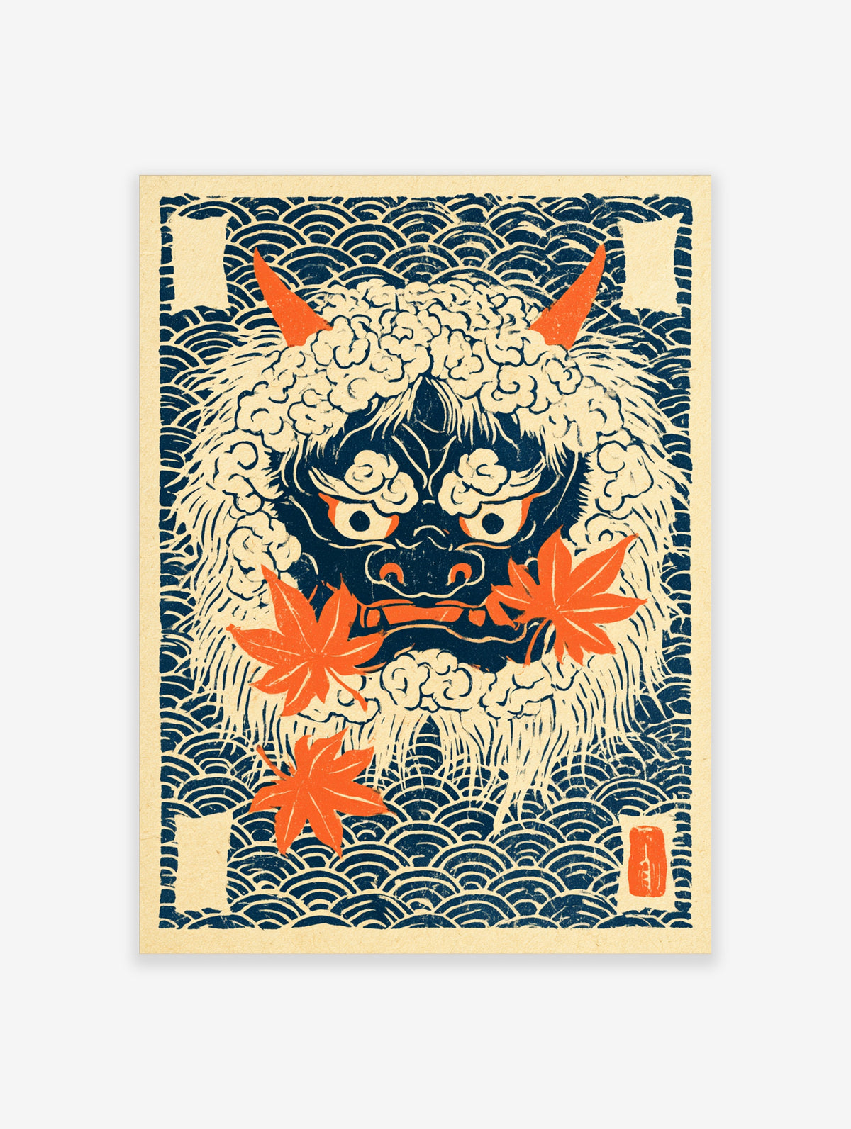 Dark blue oni demon mask poster with orange horns, cream cloud hair, and red maple leaves on navy wave background