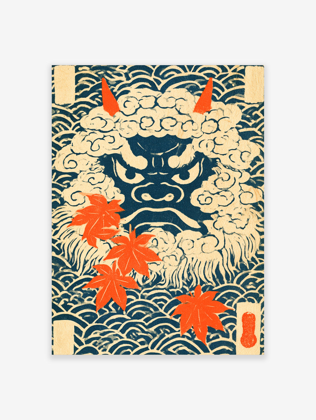 Navy blue Japanese oni demon poster with orange horns and red maple leaves on wave pattern