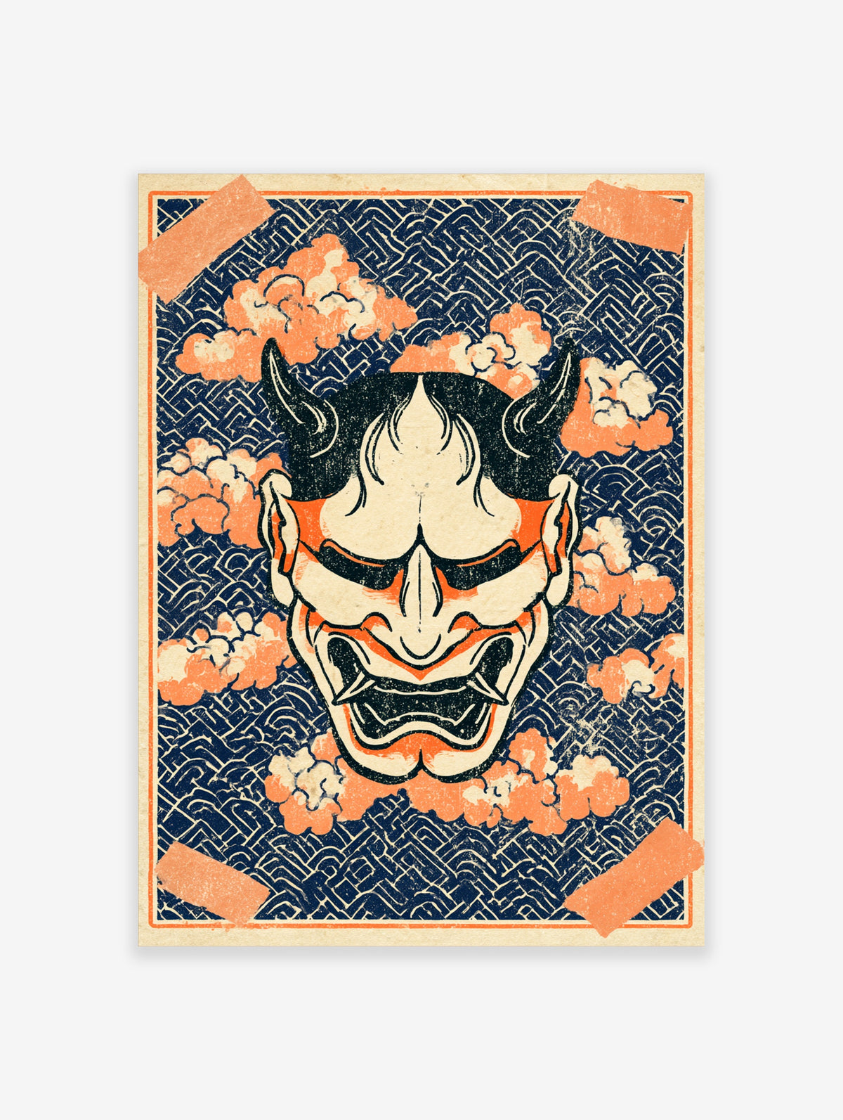 Japanese Oni demon mask poster with horns, orange clouds and navy wave pattern
