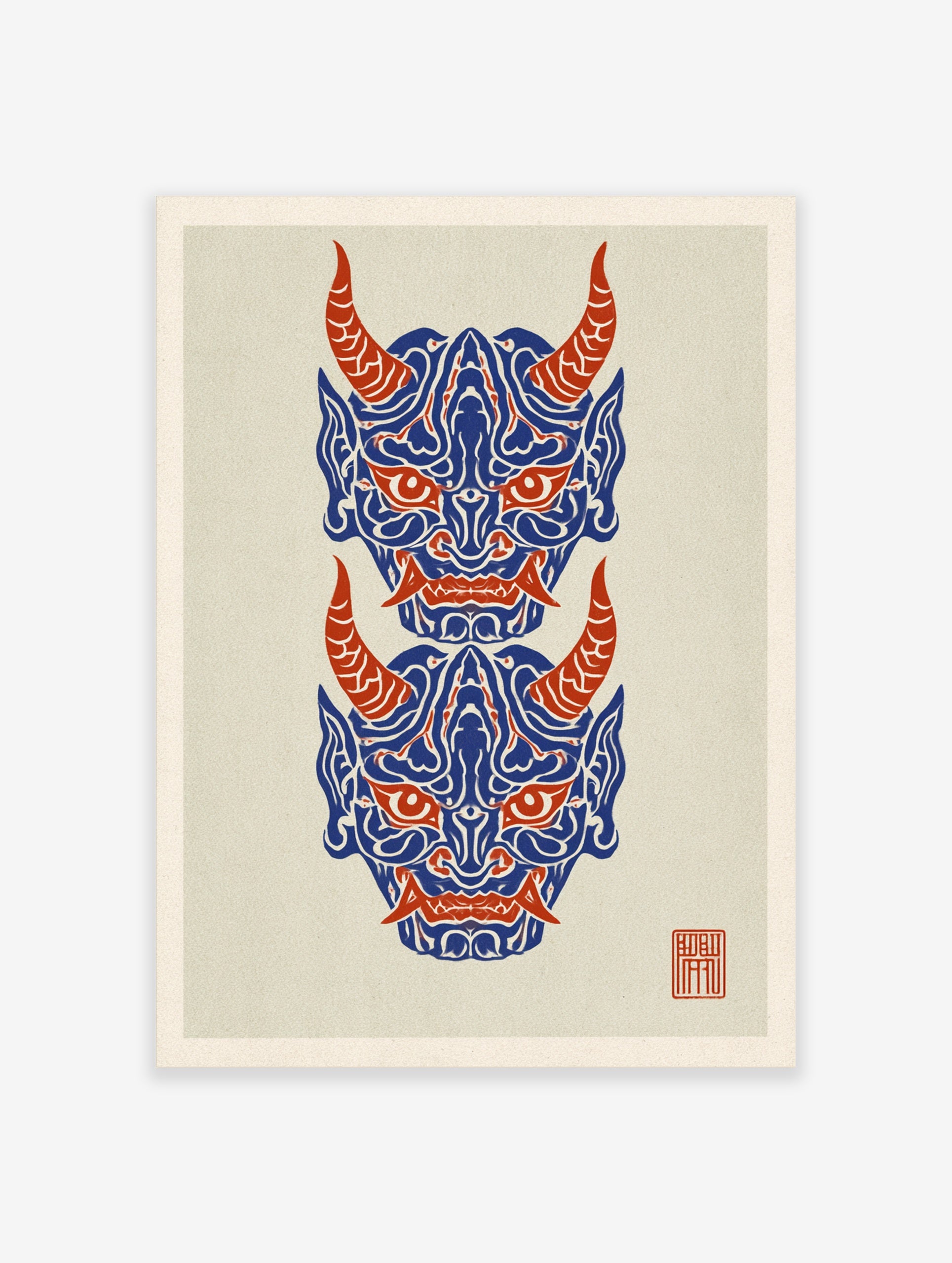 Japanese Oni mask wall art print with two stacked demon faces in blue and red on a cream background