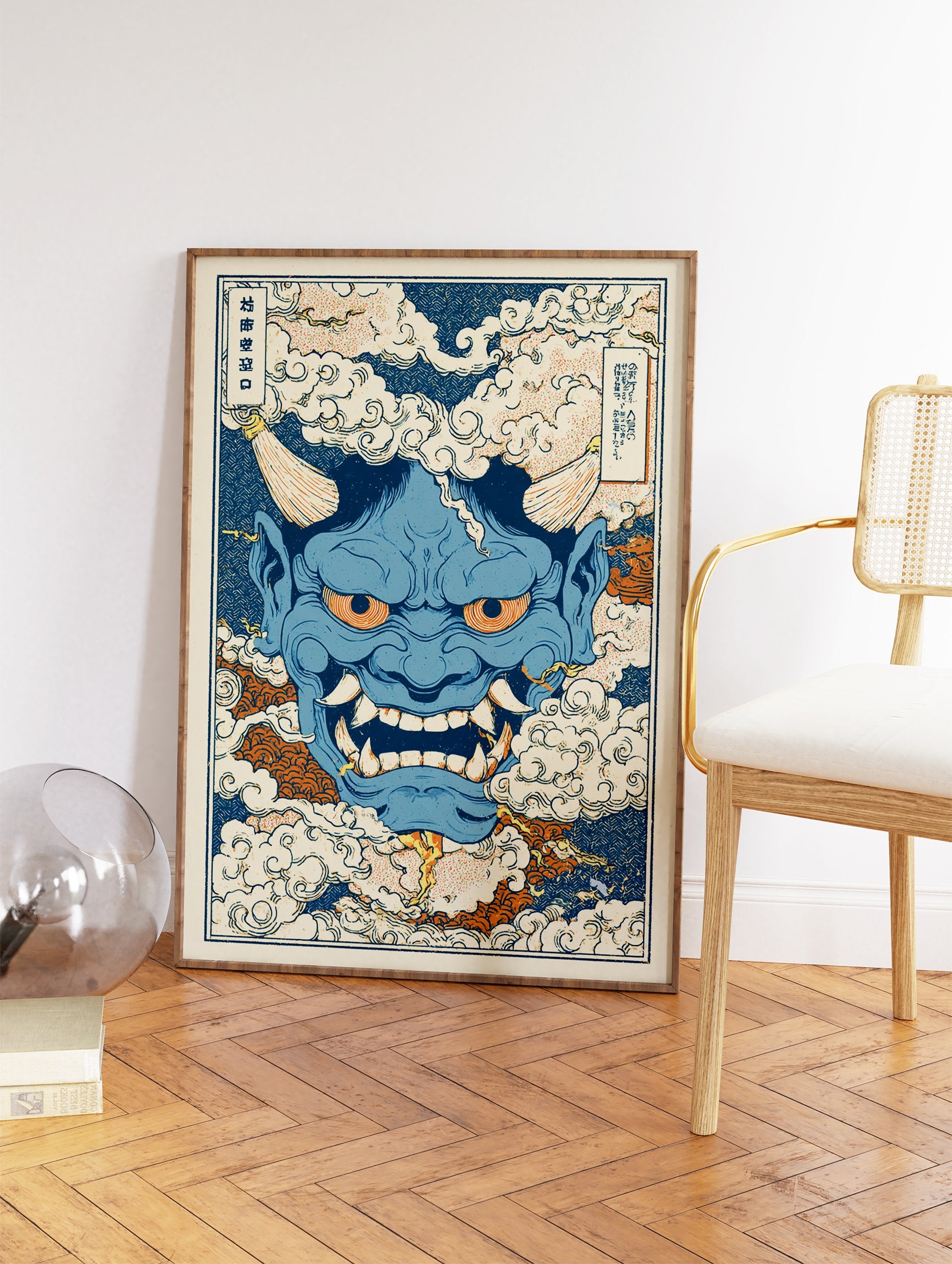 Blue Japanese Oni mask illustration surrounded by clouds in a traditional ukiyo-e style art print, cultural wall decor. - Image 2