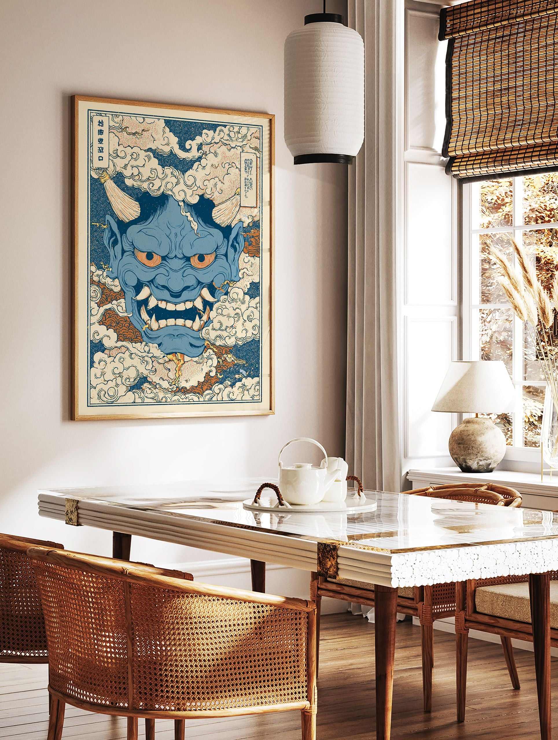 Blue Japanese Oni mask illustration surrounded by clouds in a traditional ukiyo-e style art print, cultural wall decor. - Image 3