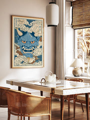 Blue Japanese Oni mask illustration surrounded by clouds in a traditional ukiyo-e style art print, cultural wall decor. - Image 3