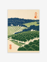 Japanese landscape woodblock style print of a terraced orchard with orange trees, blue hills, and traditional red seals