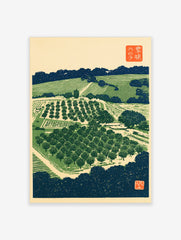Japanese woodblock-style orchard landscape print with trees, terraced fields, and traditional red typography