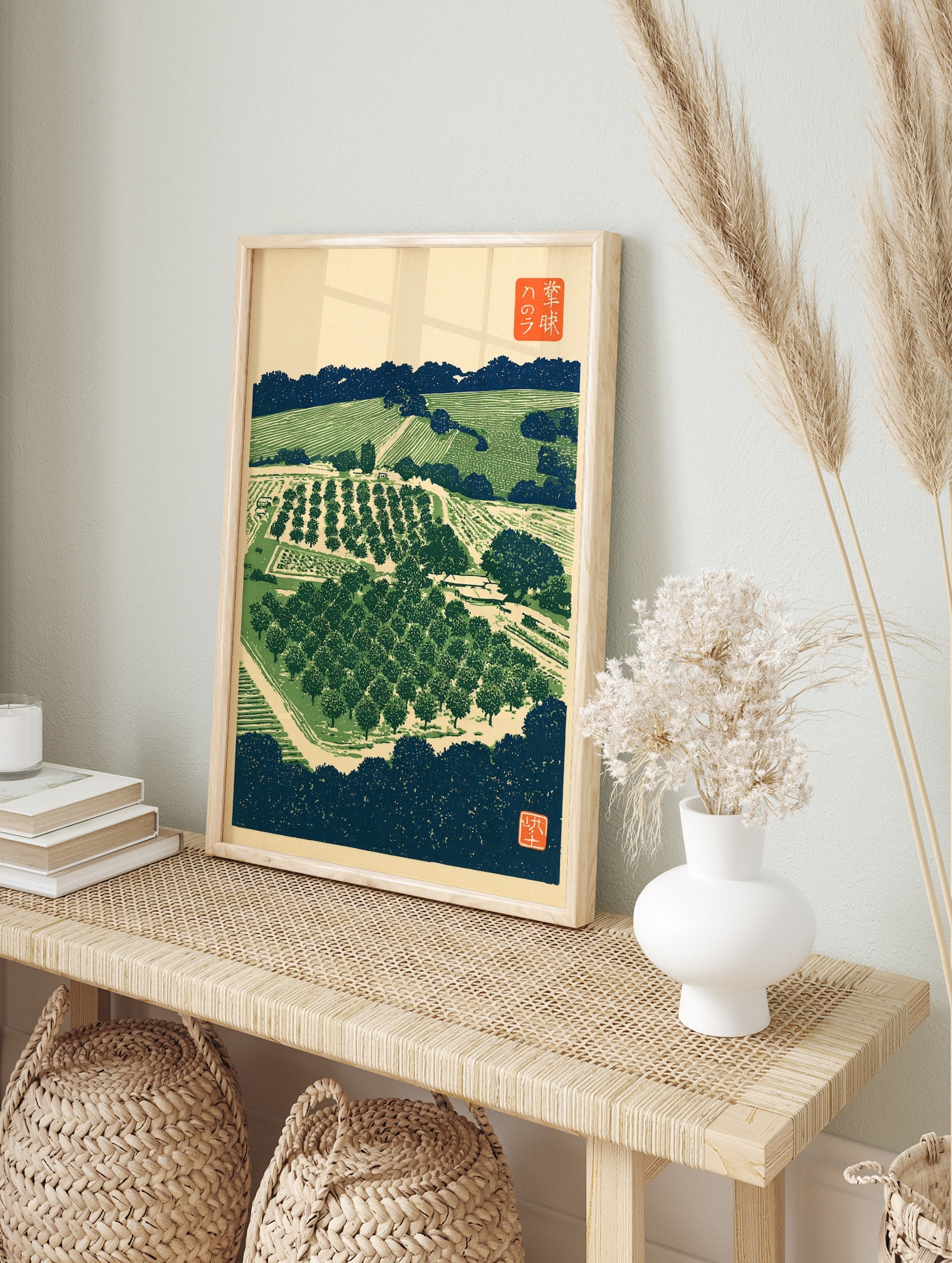 Japanese woodblock-style orchard landscape print with trees, terraced fields, and traditional, in an alternate framed mockup