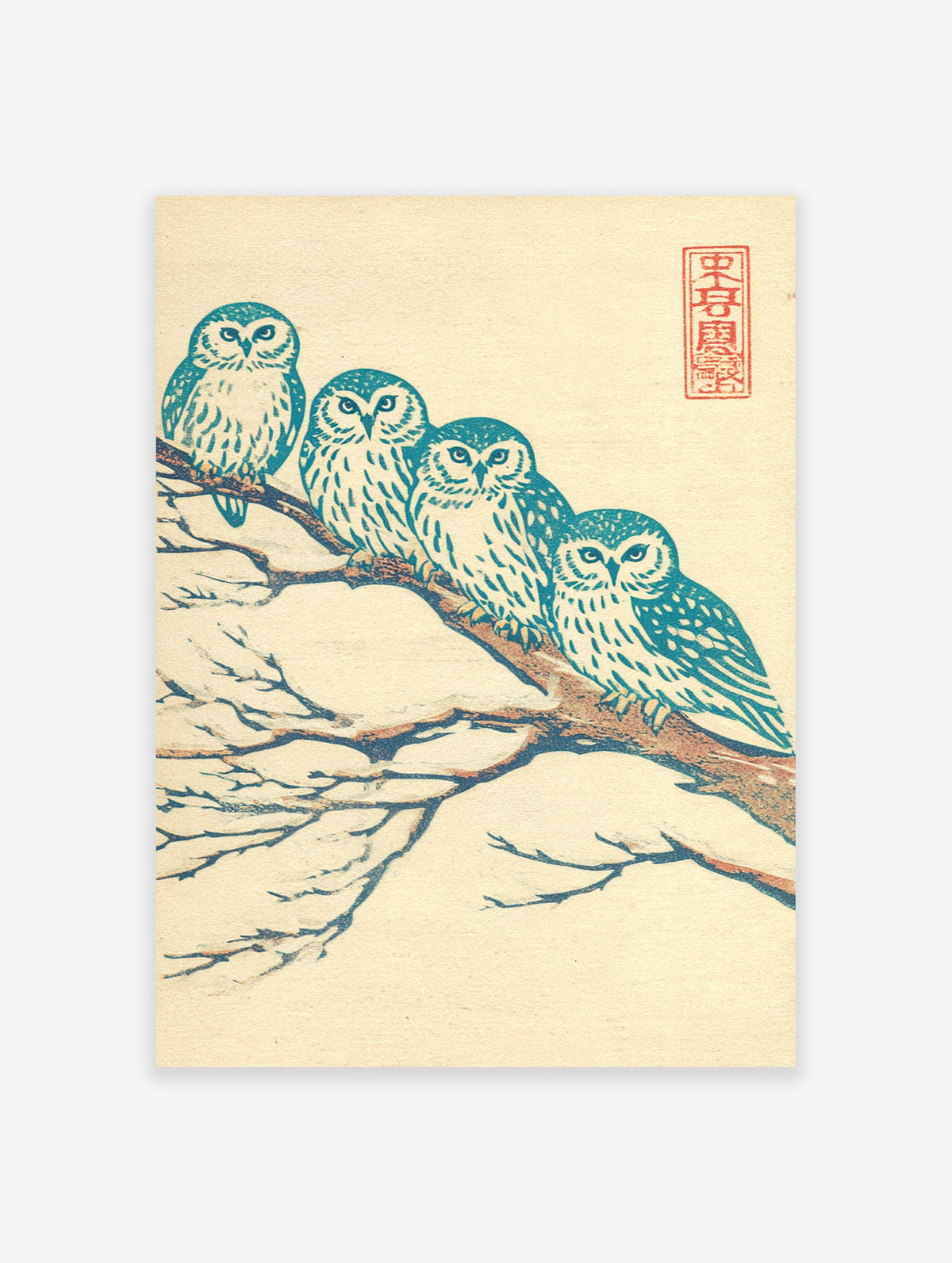Japanese owl art print of four teal and white owls perched on a brown, snow-covered branch against a cream background.
