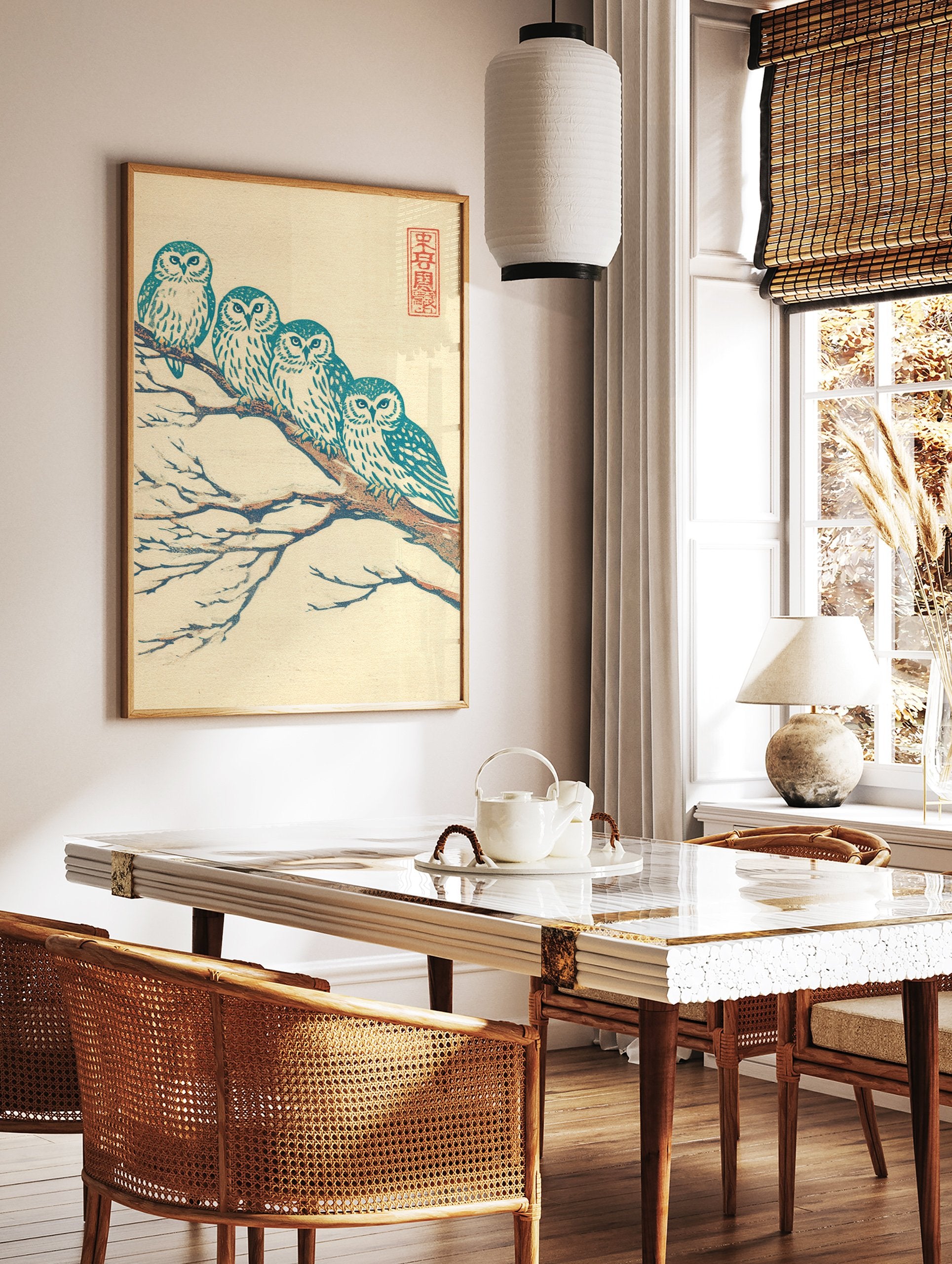 Japanese owl art print of four teal and white owls perched on a brown, snow-covered branch against a cream background. - Image 2