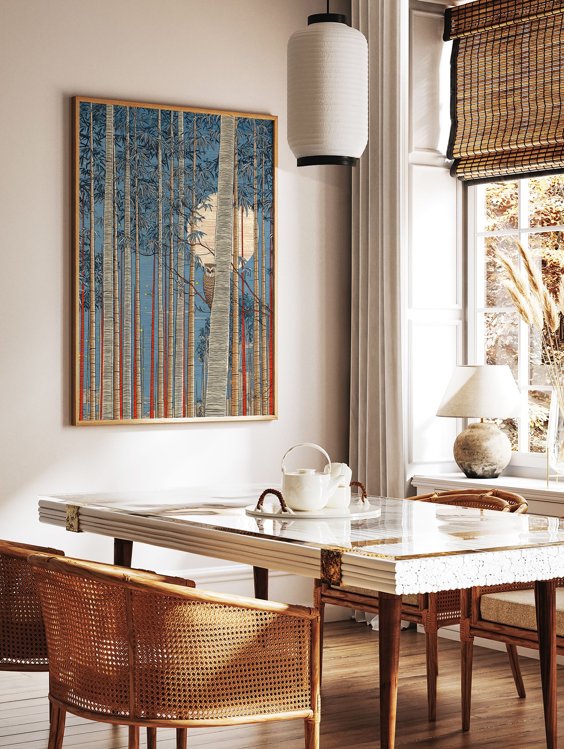Japanese woodblock style art print of an owl perched in a bamboo forest under a full moon, perfect Japanese Owl Wall Art. - Image 2
