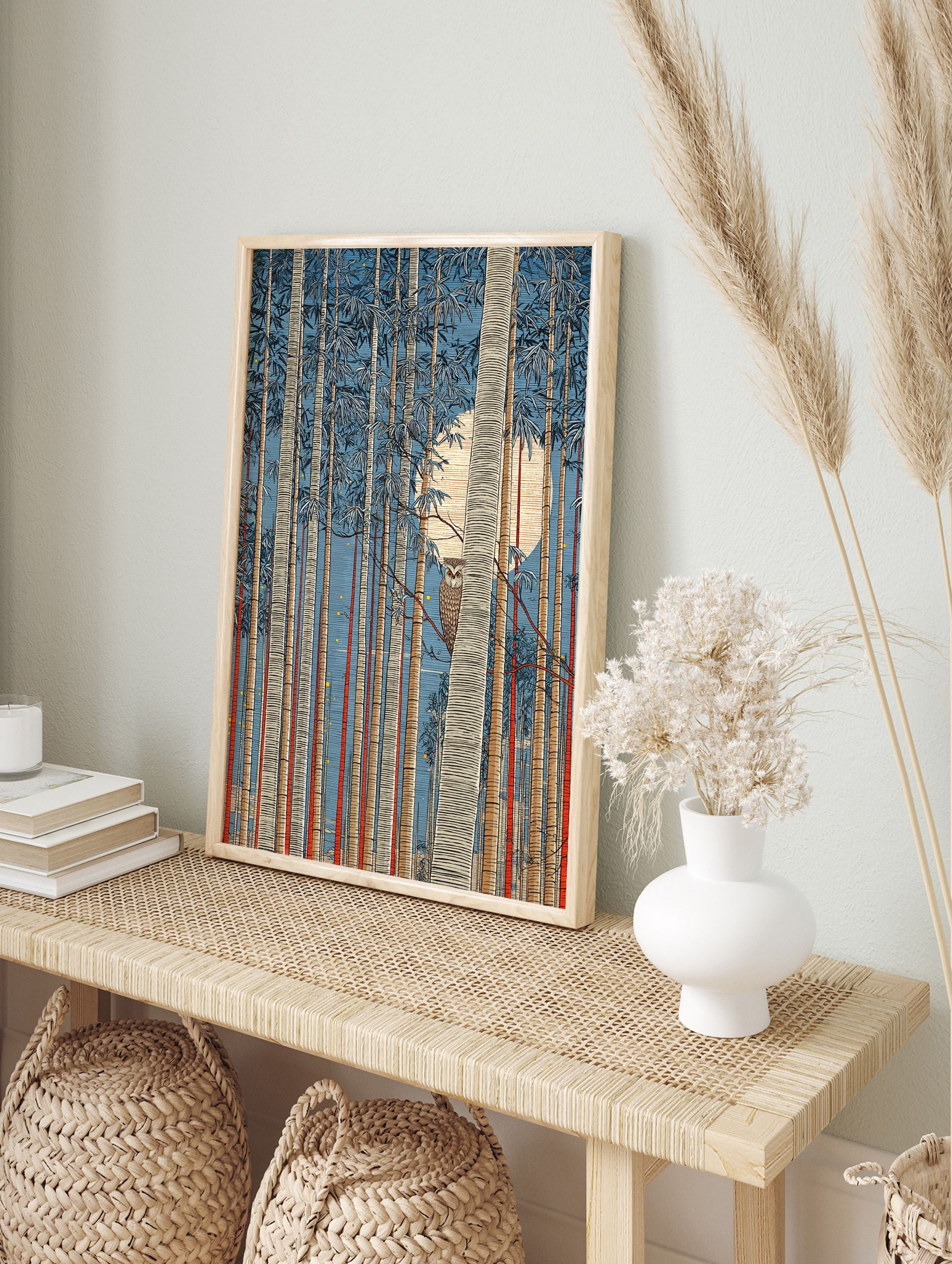Japanese woodblock style art print of an owl perched in a bamboo forest under a full moon, perfect Japanese Owl Wall Art. - Image 3